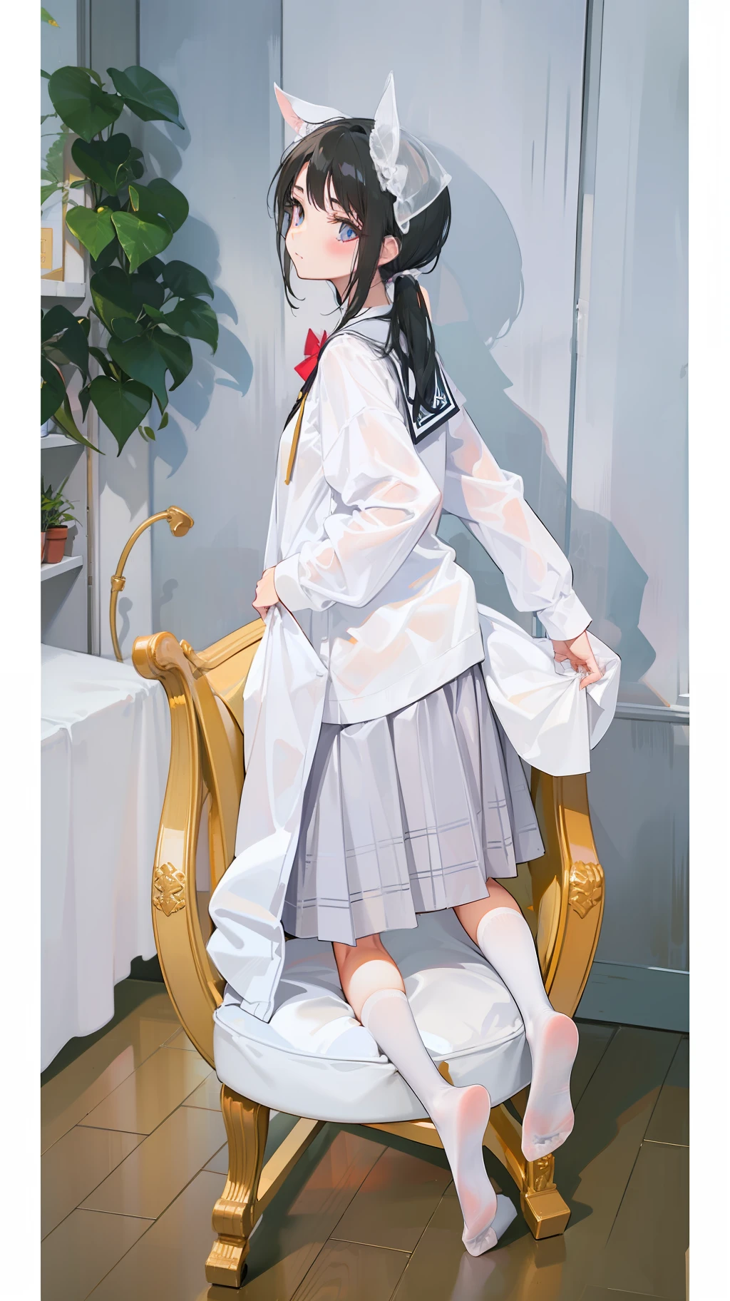 black ponytail，JK school uniform，White panty hose，without wearing shoes