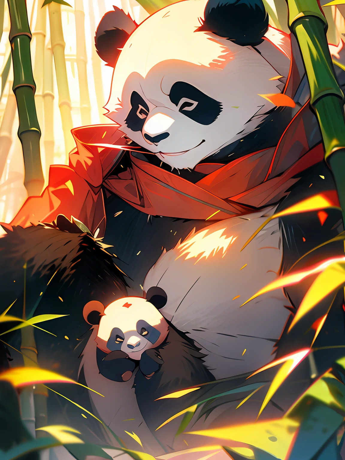 1 cute panda，exteriors，in bamboo forest，独奏，closeup of face，portraitures，Take a drink，hairy pubic，leafs，standing on your feet，Red scarf，No Man，围巾，coconut palms，MG Xiongmao，with petals falling，Skysky，Clouds。