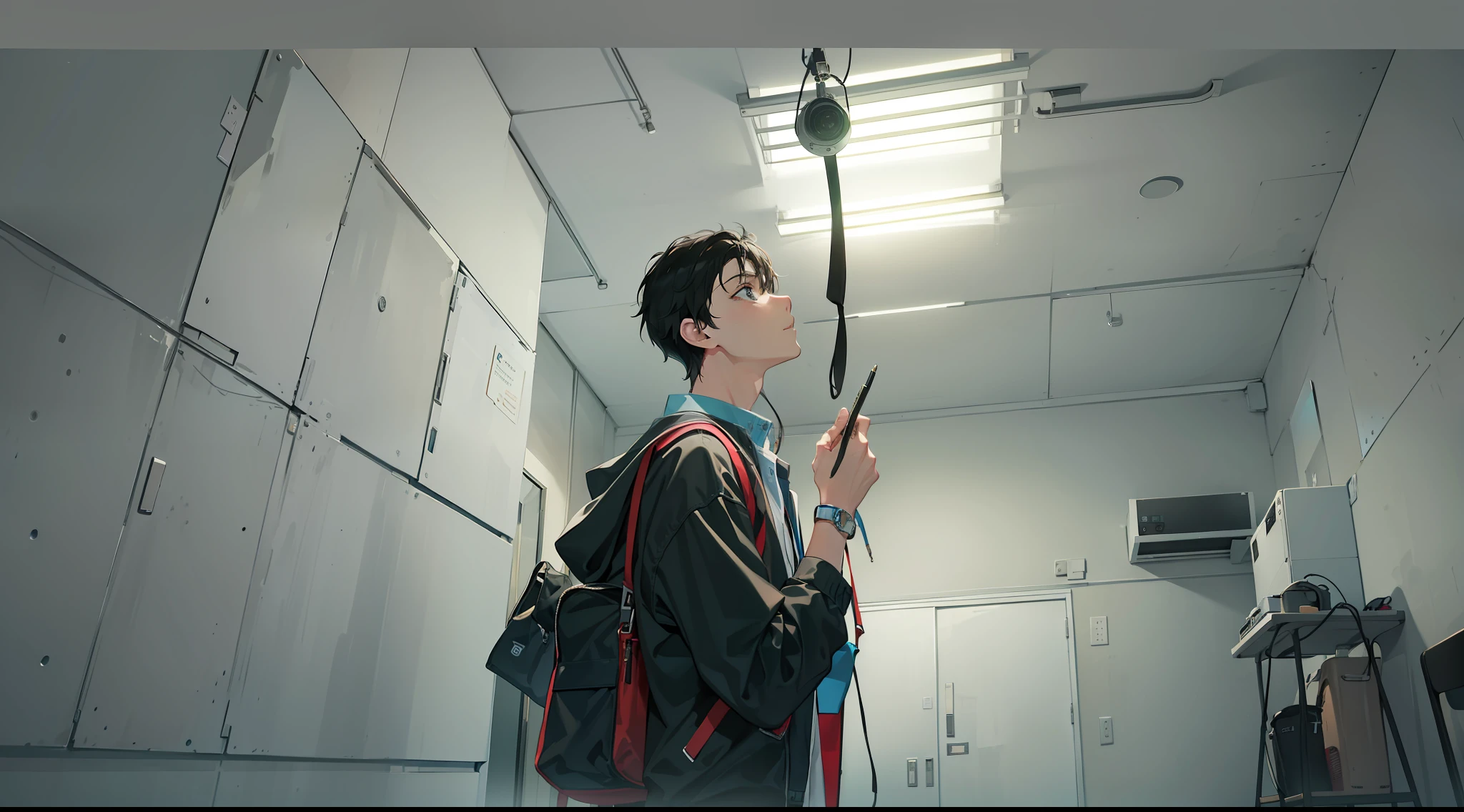 of a guy，standing in the room，Take a pen and record something