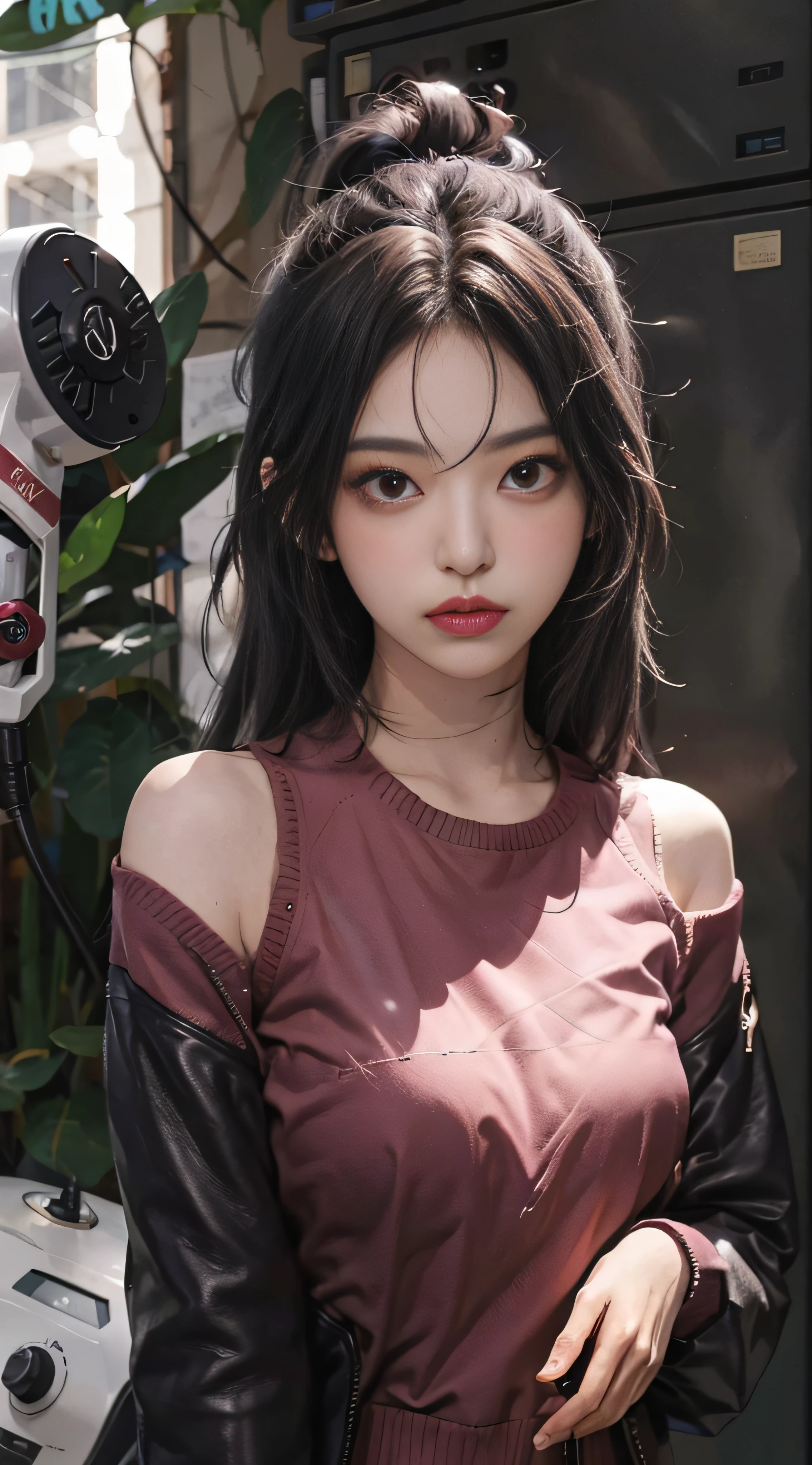 Gray sweater,Extra-long hair,cropped shoulders,Burgundy,CE leather jacket,