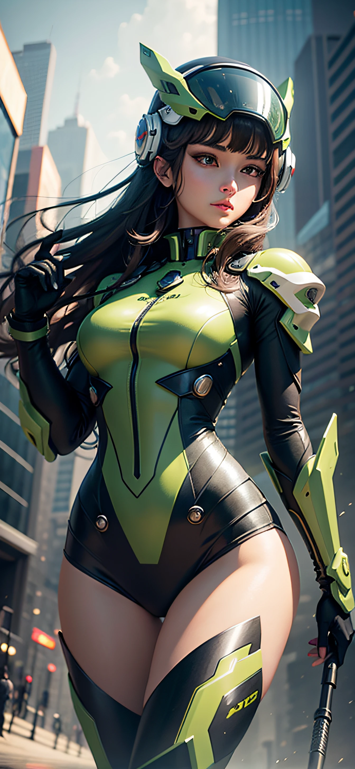 Highest image quality, outstanding details, ultra-high resolution, (realism: 1.4), the best illustration, favor details, highly condensed 1girl, with a delicate and beautiful face, dressed in a black and green mecha, wearing a mecha helmet, holding a directional controller, riding on a motorcycle, the background is a high-tech lighting scene of the future city.