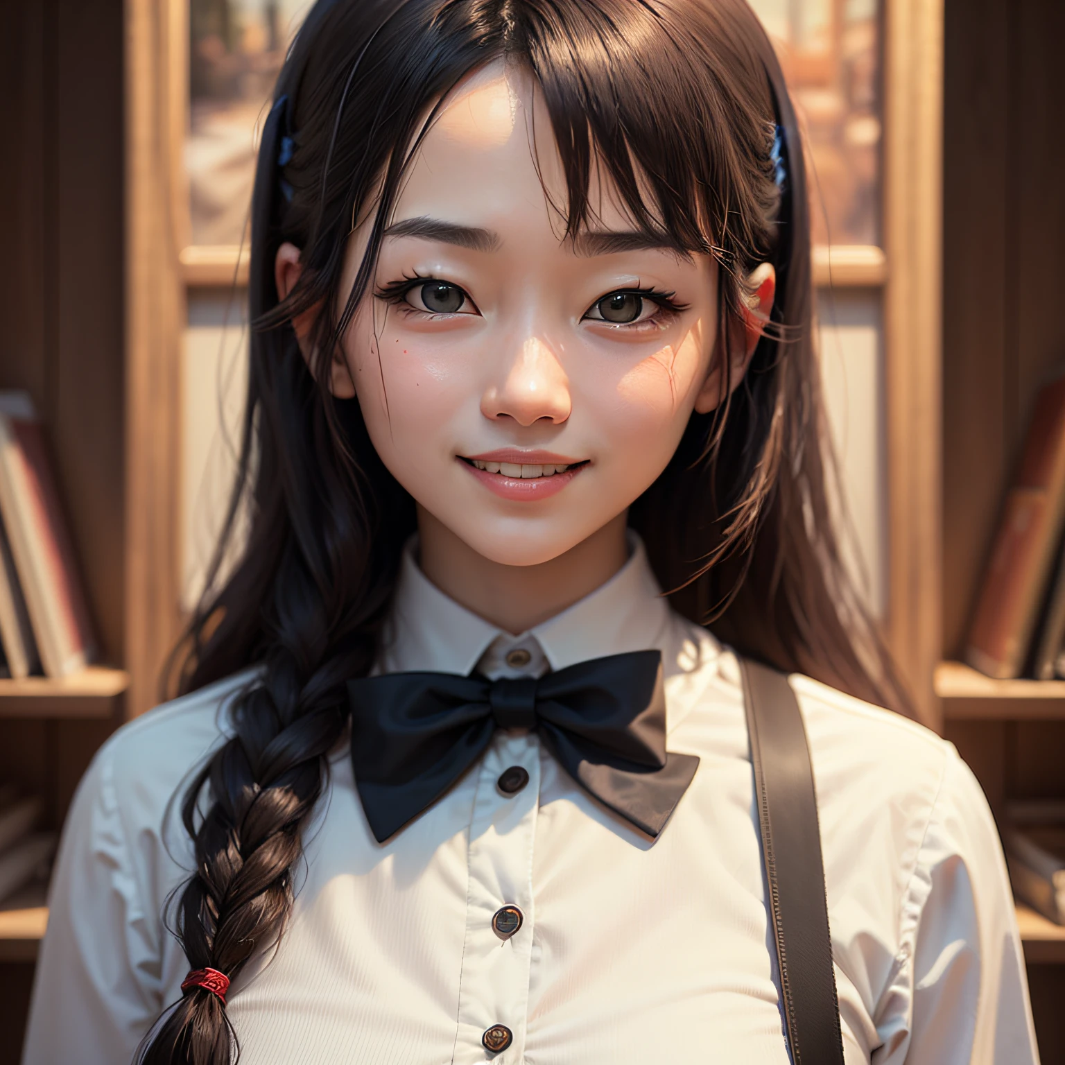 22year old、Korea person、(8k、RAW Photography、Top image quality、masterpiece:1.2)、high-definition RAW color photography、professional photograpy、cowboy shot、(realisitic、photos realistic:1.37)、((top-quality))、女の子1人、ciinematic light、(Face of detail:1.2)、(masterpiece:1.5)、(top-quality:1.2)、(a smile:1.2)、(Look at viewers:1.2)、a bow tie、(Details Made:1.2) --auto