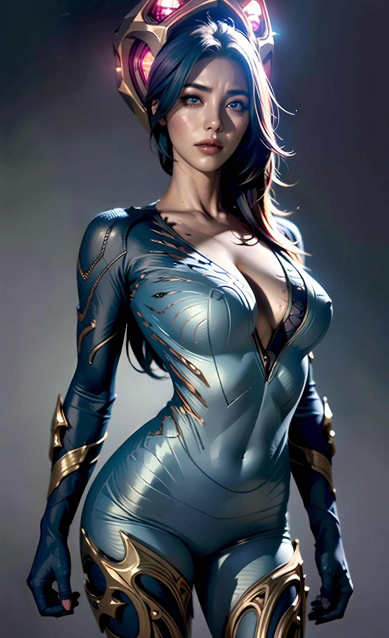 ((A tall girl holds her hands in front of her, Prays)), peeking out from under his forehead, (Slim_thights:1.3), ((Average Breasts)), Slender_thights, aqua hair, 1girl, 独奏, (shapely body:1.4), generous cleavage, skinny body, (halo around the head), detailed anatomy, the perfect body, Detailed body, detailized face, Beautiful anatomical eyes. ((Kaisa, персонаж из league of legends)), (ruined city in the background), Very detailed, (Gloomy color scheme:1.5), Intricately detailed art, Artstation's Detailed Triadic Color Trend in Unreal Engine 5, 8K resolution, deviantart masterpiece.