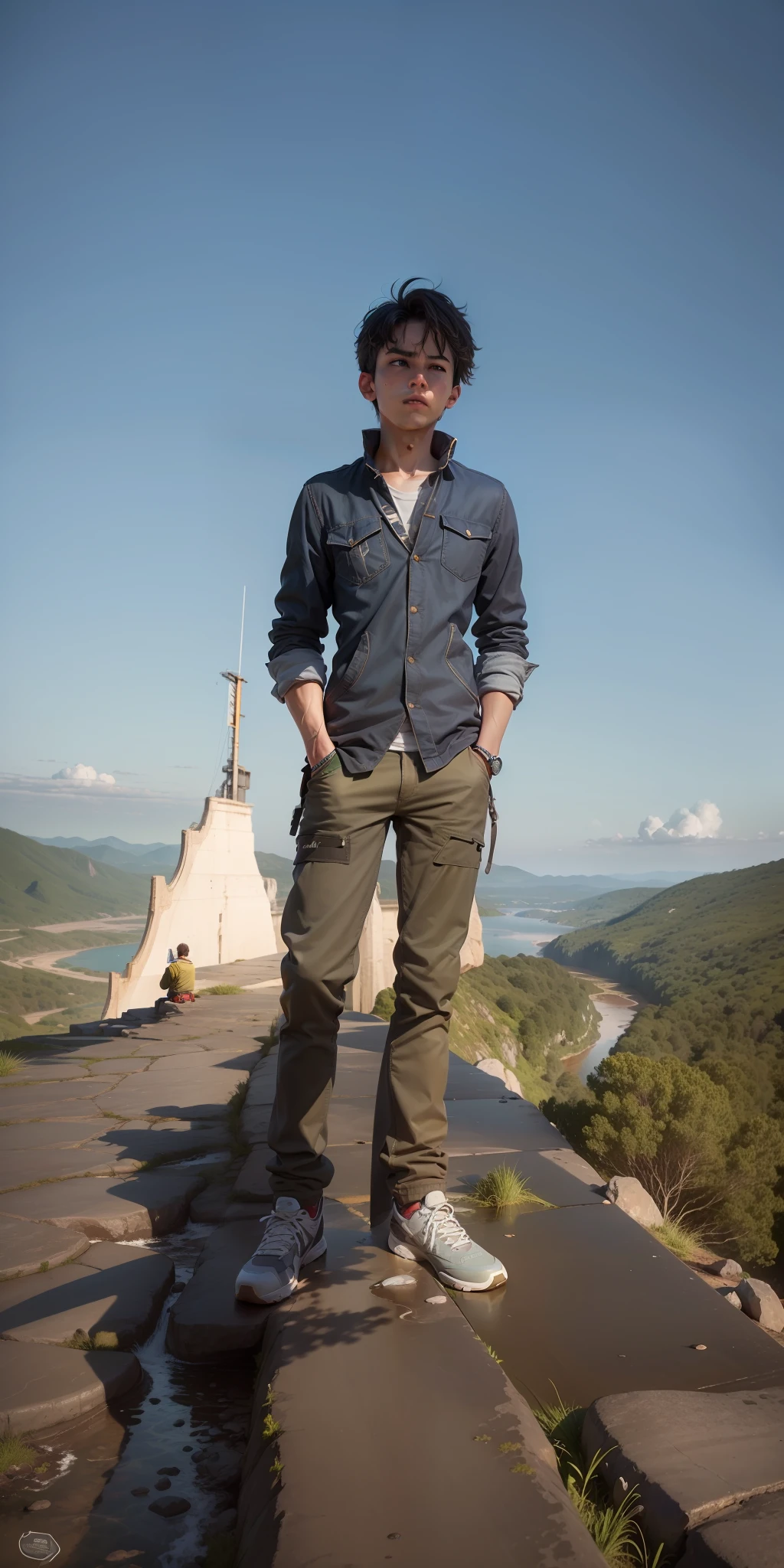 A boy stand this location Masterpiece, ultimate quality, Cg unity 8k wallpaper, super delicate, beautiful sky and clouds, rich natural scenery, cliffs, lakes and rivers, waterfalls and flying water, beautiful green mountains, no trace of people, excellent scenery, has already won a photo contest, background Blurring, full depth of field, HDR high dynamics, true restoration, intricate, extreme details, dramatic presentation, perfectly presenting the style of midjourney art.