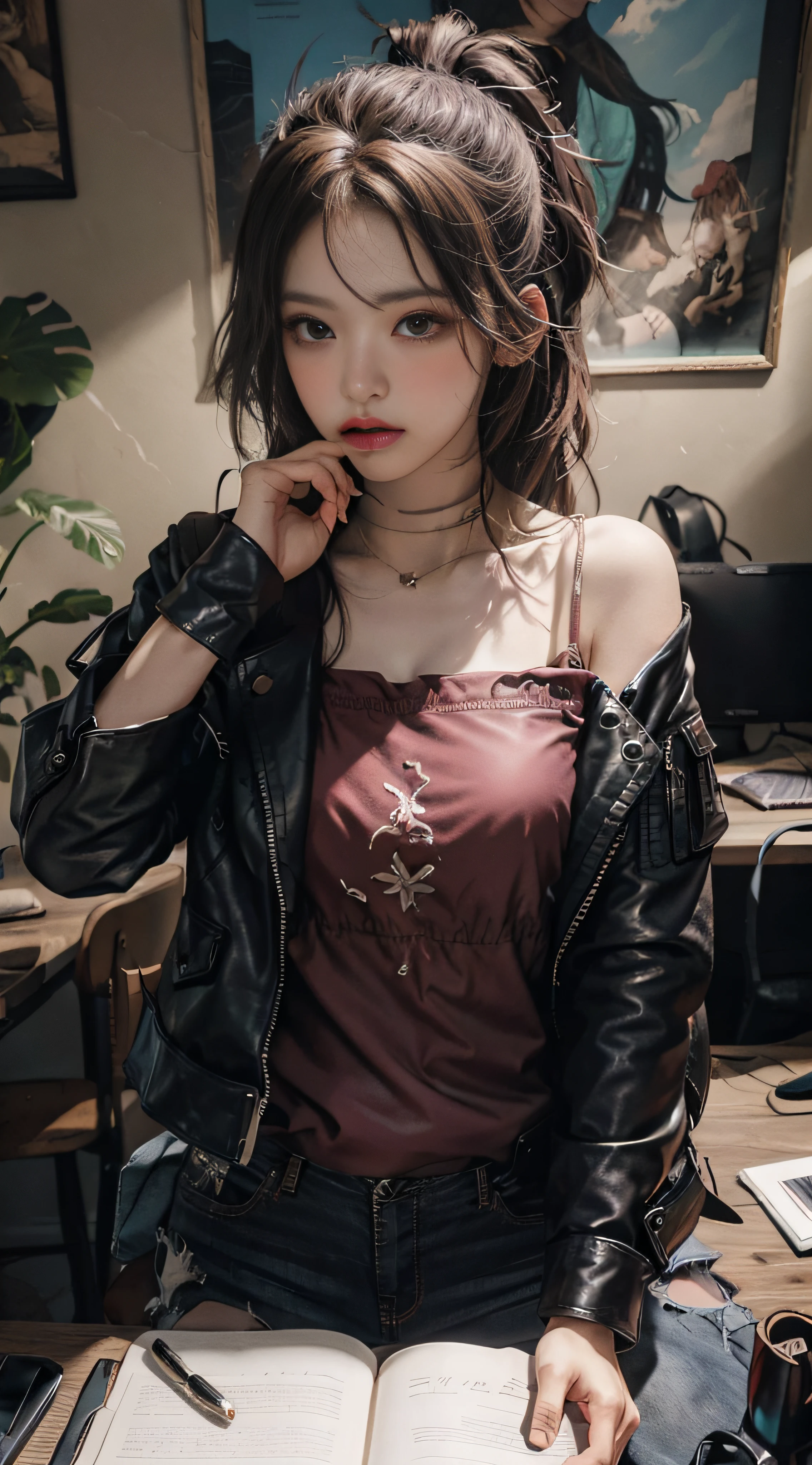 Very epic composition， hyper HD， high qulity， Burgundy，CE leather jacket，