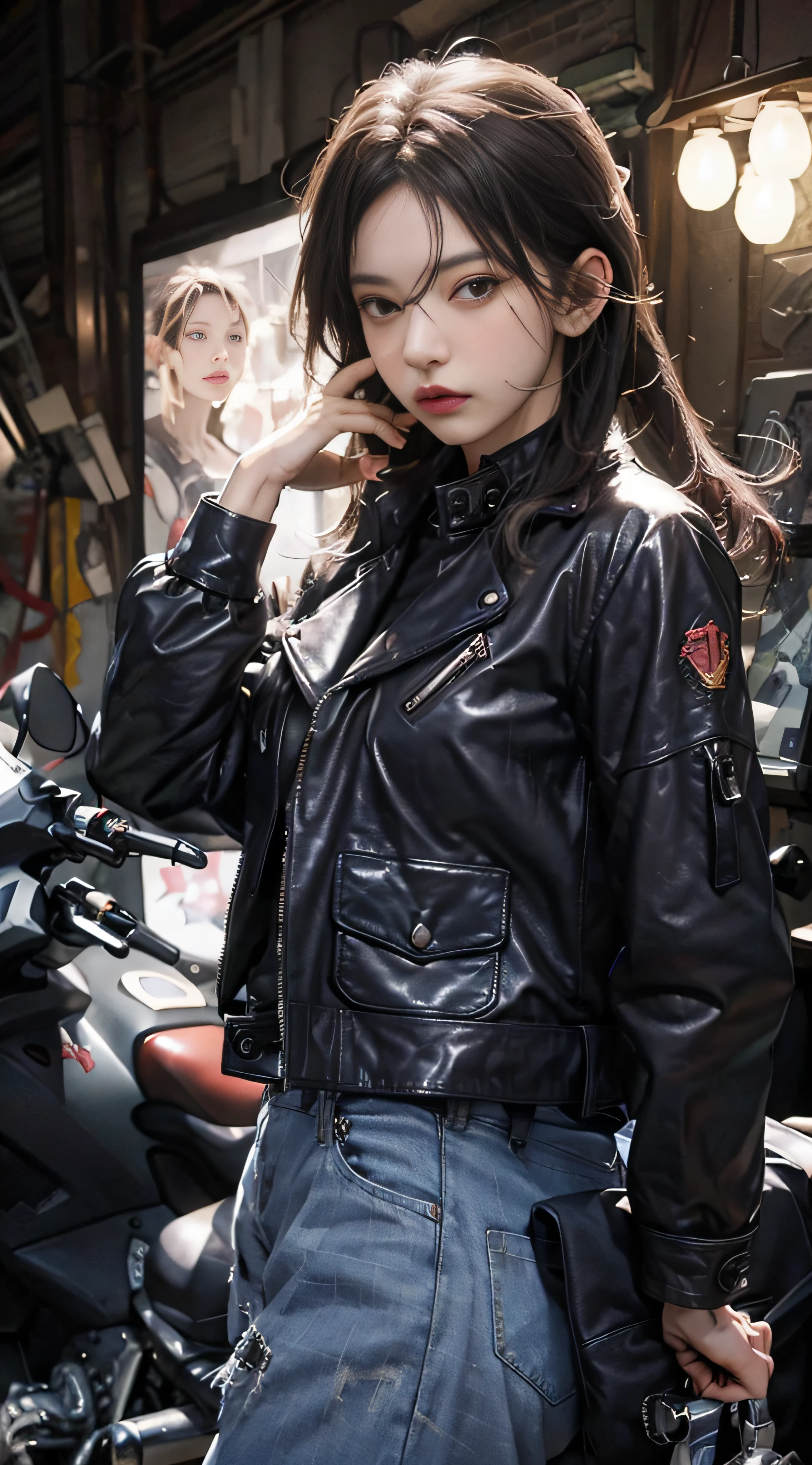 Very epic composition， hyper HD， high qulity， Burgundy，CE leather jacket，