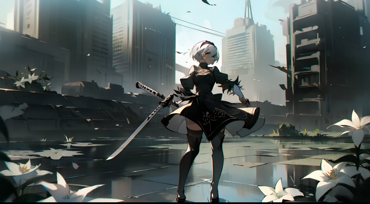 masterpiece, best quality, detailed face, extremely detailed, yorha no. 2 type b, 1girl, solo, absurdres, 8k, White hair, silver hair, black blindfold, black dress, black hairband, blindfold, eye highlights blue sky, boots, building, city, cloud, covered eyes, debris, dress, feather-trimmed sleeves, feather trim, gloves, grass, hairband, high heel boots, high heels, highres, juliet sleeves, katana, leather, leather boots, long sleeves, nier \(series\), nier automata, outdoors, overgrown, pod \(nier automata\), post-apocalypse, puddle, puffy sleeves, rubble, ruins, scenery, sky, thigh boots, thighhighs, thighhighs under boots, water, Leaves dancing in the wind, White flowers, white lilies, Light is dancing in the air,