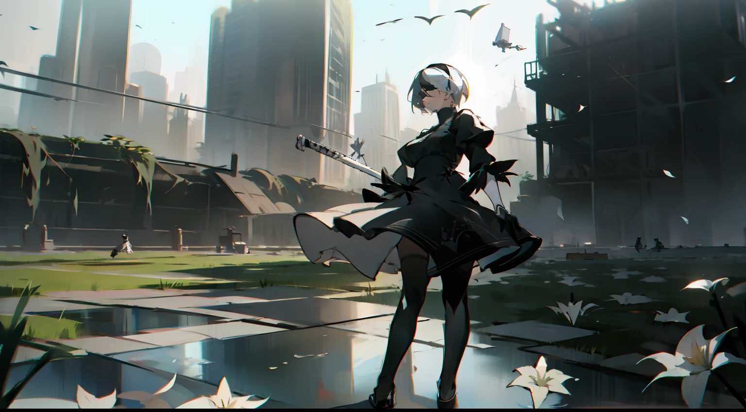 masterpiece, best quality, detailed face, extremely detailed, yorha no. 2 type b, 1girl, solo, absurdres, 8k, White hair, silver hair, black blindfold, black dress, black hairband, blindfold, eye highlights blue sky, boots, building, city, cloud, covered eyes, debris, dress, feather-trimmed sleeves, feather trim, gloves, grass, hairband, high heel boots, high heels, highres, juliet sleeves, katana, leather, leather boots, long sleeves, nier \(series\), nier automata, outdoors, overgrown, pod \(nier automata\), post-apocalypse, puddle, puffy sleeves, rubble, ruins, scenery, sky, thigh boots, thighhighs, thighhighs under boots, water, Leaves dancing in the wind, White flowers, white lilies, Light is dancing in the air,