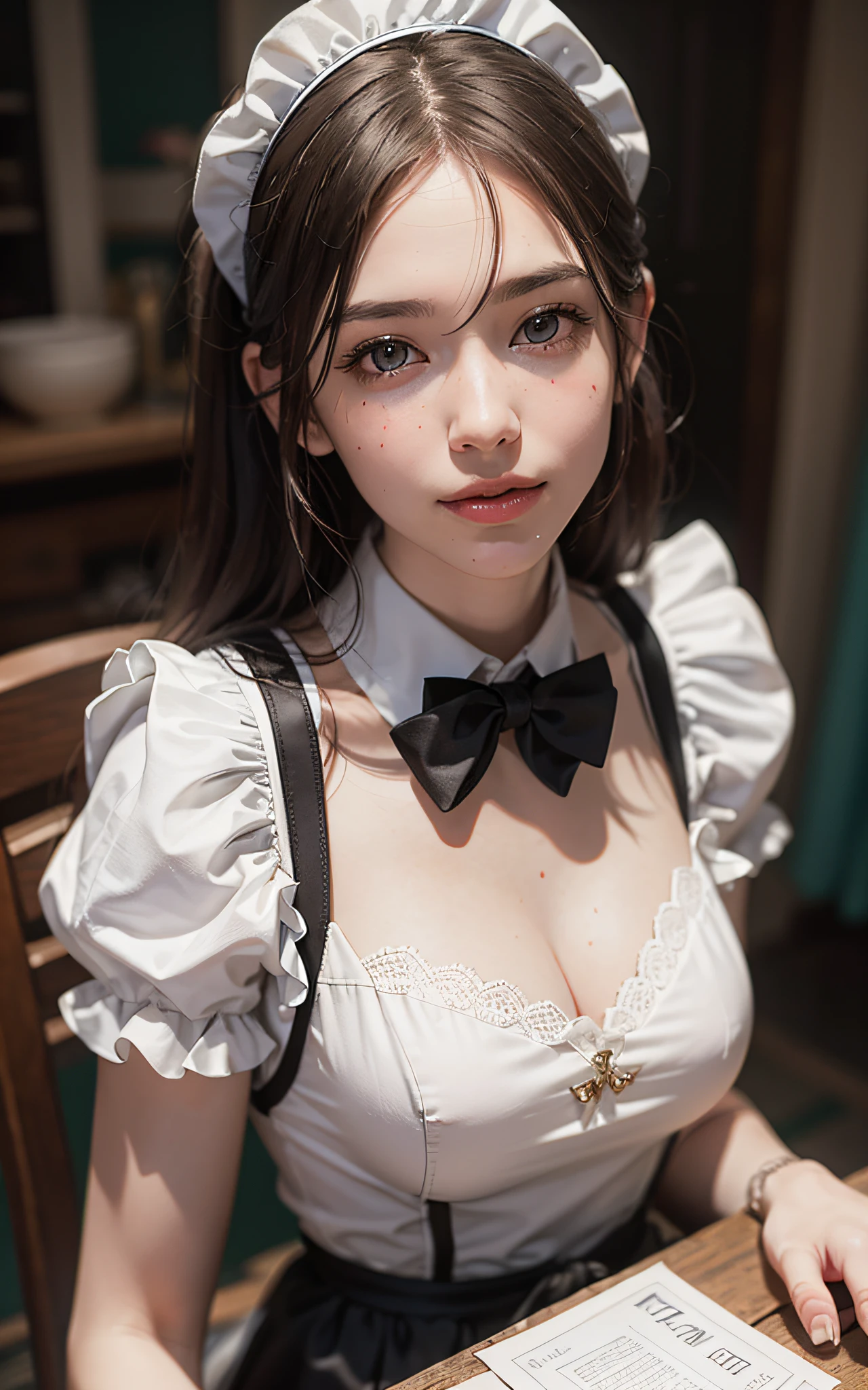 (8K, Raw photo, Best Quality, masutepiece:1.2), high-definition RAW color photography, professional photograpy, cowboyshot, (Realistic, photographrealistic:1.37), ((Best Quality)), 25 year old woman, Cinematic Light, (finerly detailed face:1.2), (masutepiece:1.5), (Best Quality:1.2), (Mole:0.5), (Smiling:0.9), (Looking at Viewer:1.2), doggystyle, Wrinkled white panties, bowtie, (Detailed Maid:1.2)