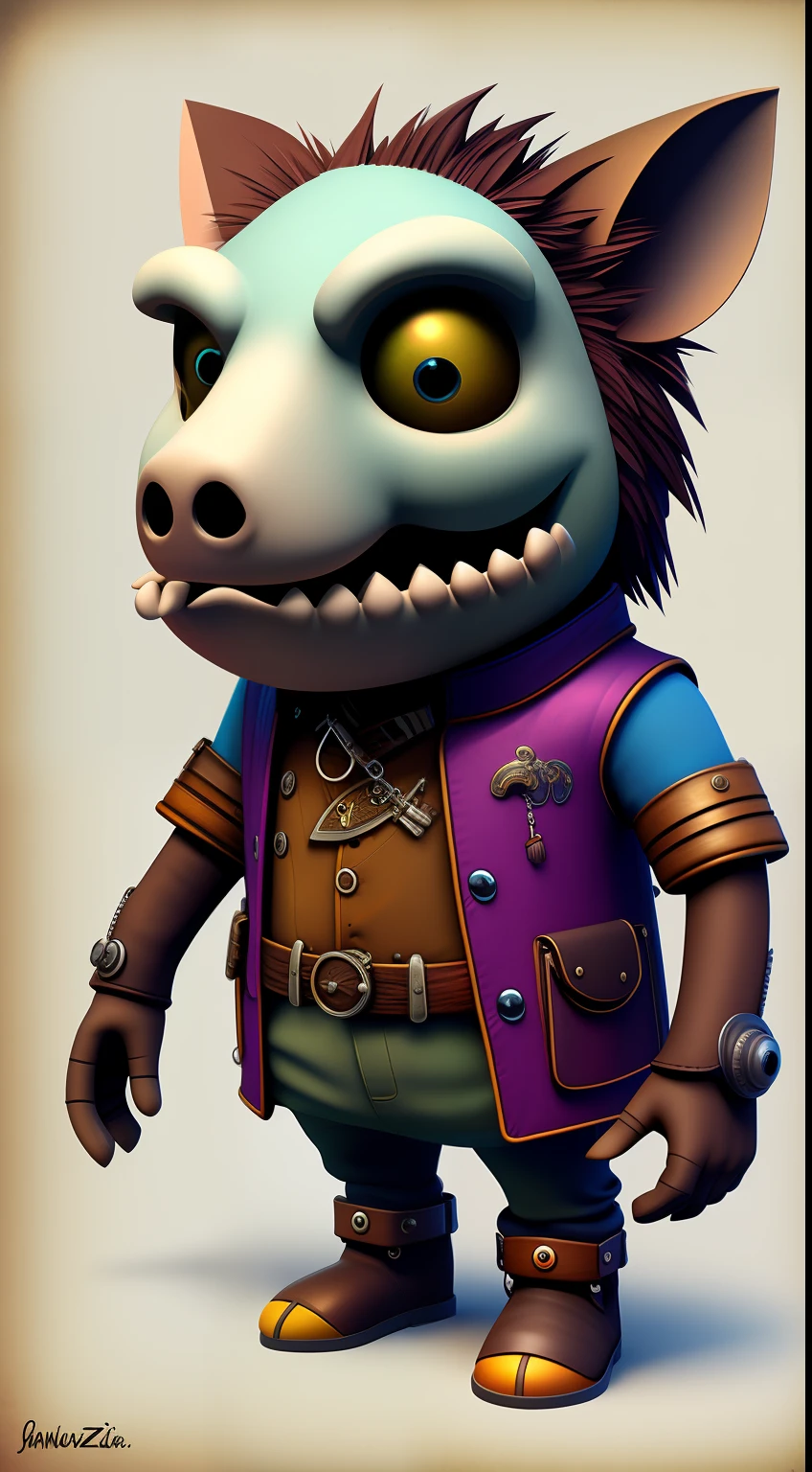 Fantz cartoon (creature:0.5)|(pig:0.5) design,  ultra detailed, random colors, steampunk, and punk costume,