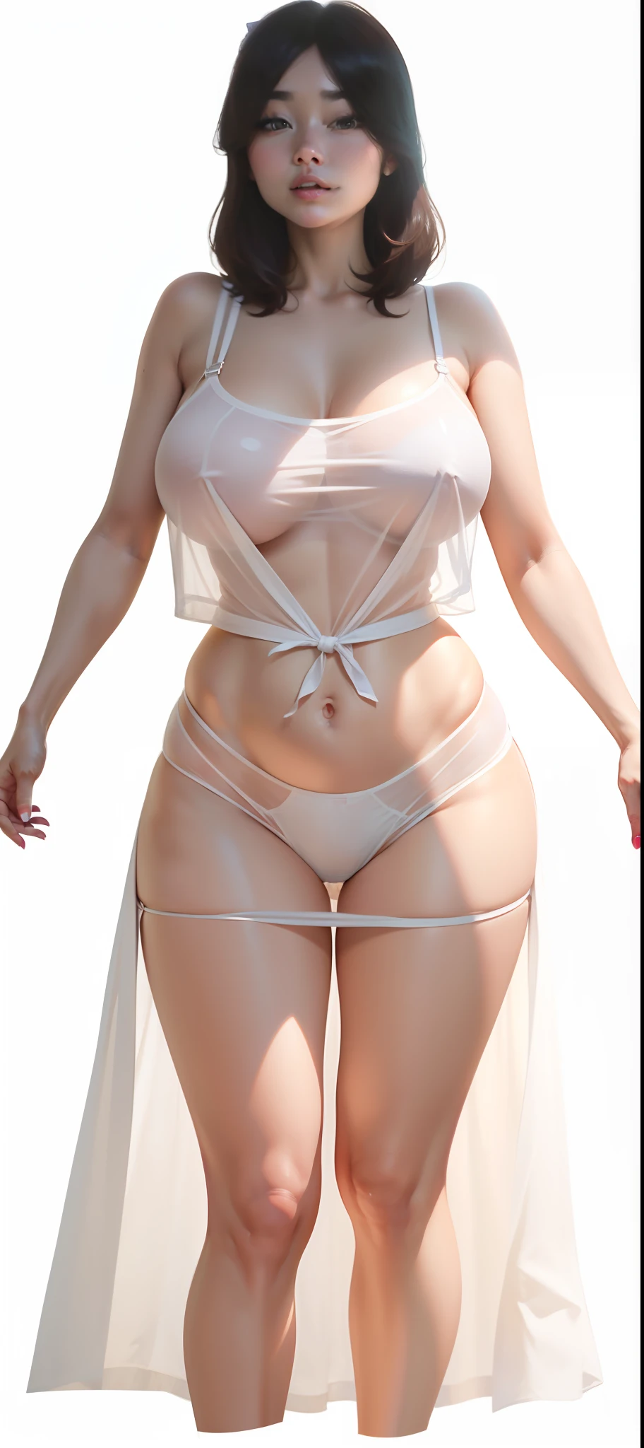 Cute curvy body、 Huge breasts、 The chest is uncovered, And the body is curvy、looki at viewer、bob-cut、T-shirt sheer dress face mini bra，white under lingerie，Hard，Pink big breasts，Lingerie transparent，soaking wet；white  panties，transparent panty，Seam panties lace panties half bra