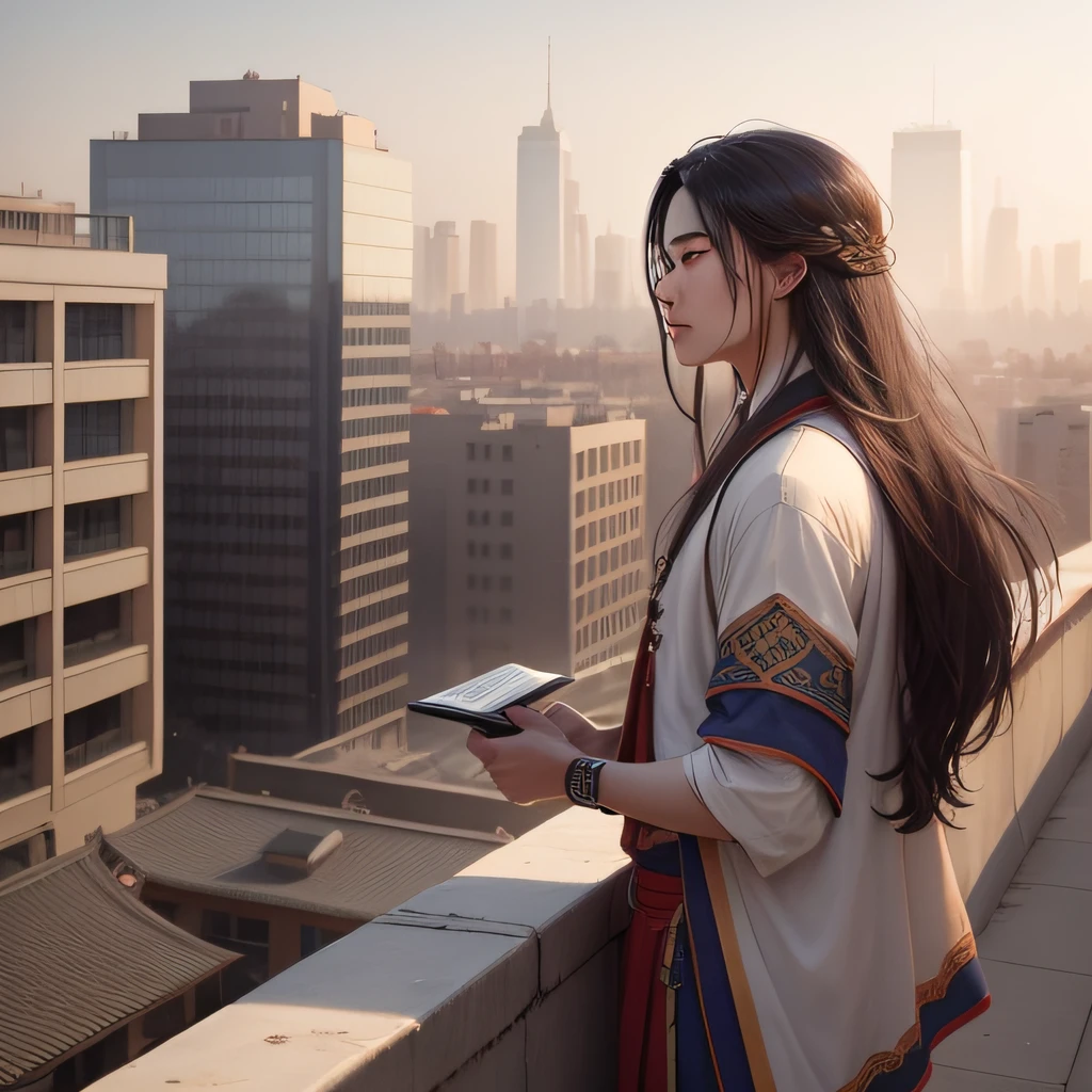 Zhang Ziling on the rooftop of a modern educational building
Young man wearing ancient clothes, with long flowing hair
Rooftop of a modern educational building, open space with a view
Empty playground, creating a serene atmosphere --auto