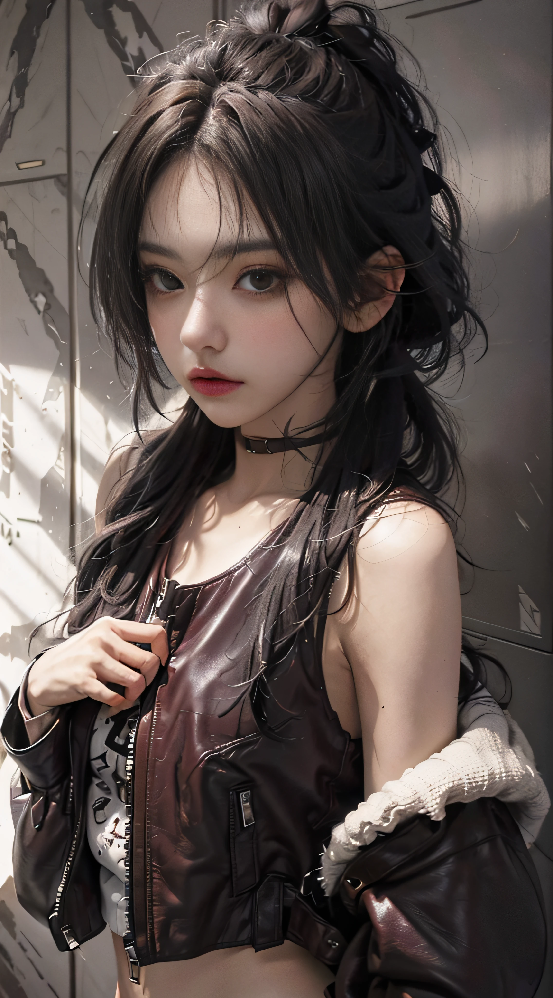 Gray sweater,Extra-long hair,cropped shoulders,Burgundy,CE leather jacket,Very epic composition,