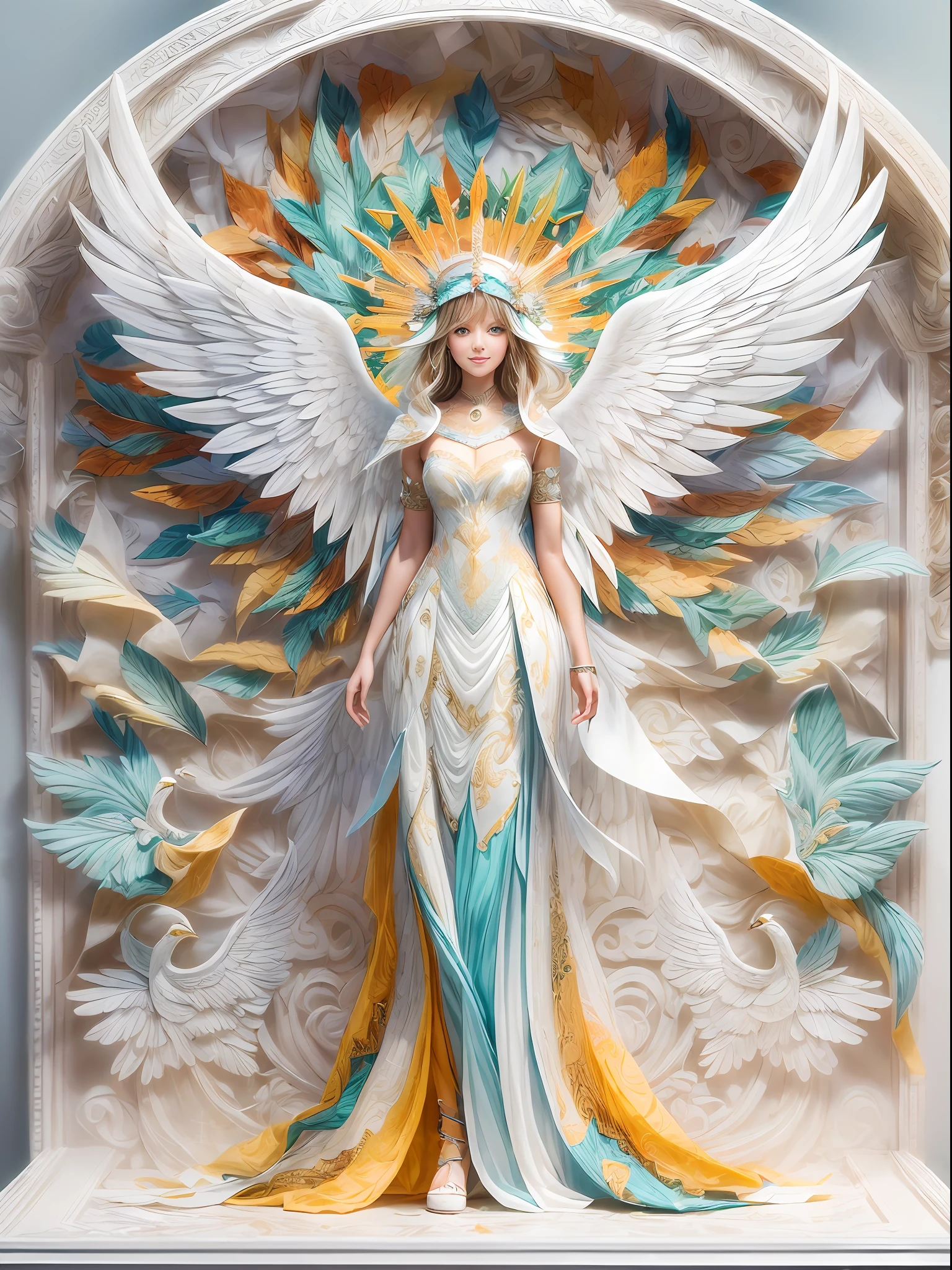 (full-body shot:1.4), White background, (1 angel girl,shining wings, halo, exquisite headdress, smile), (paper art, Quilted paper art, geomerty), (extremely colorful, Best quality, Detailed details, Masterpiece, offcial art, movie light effect, 4K, Chiaroscuro)