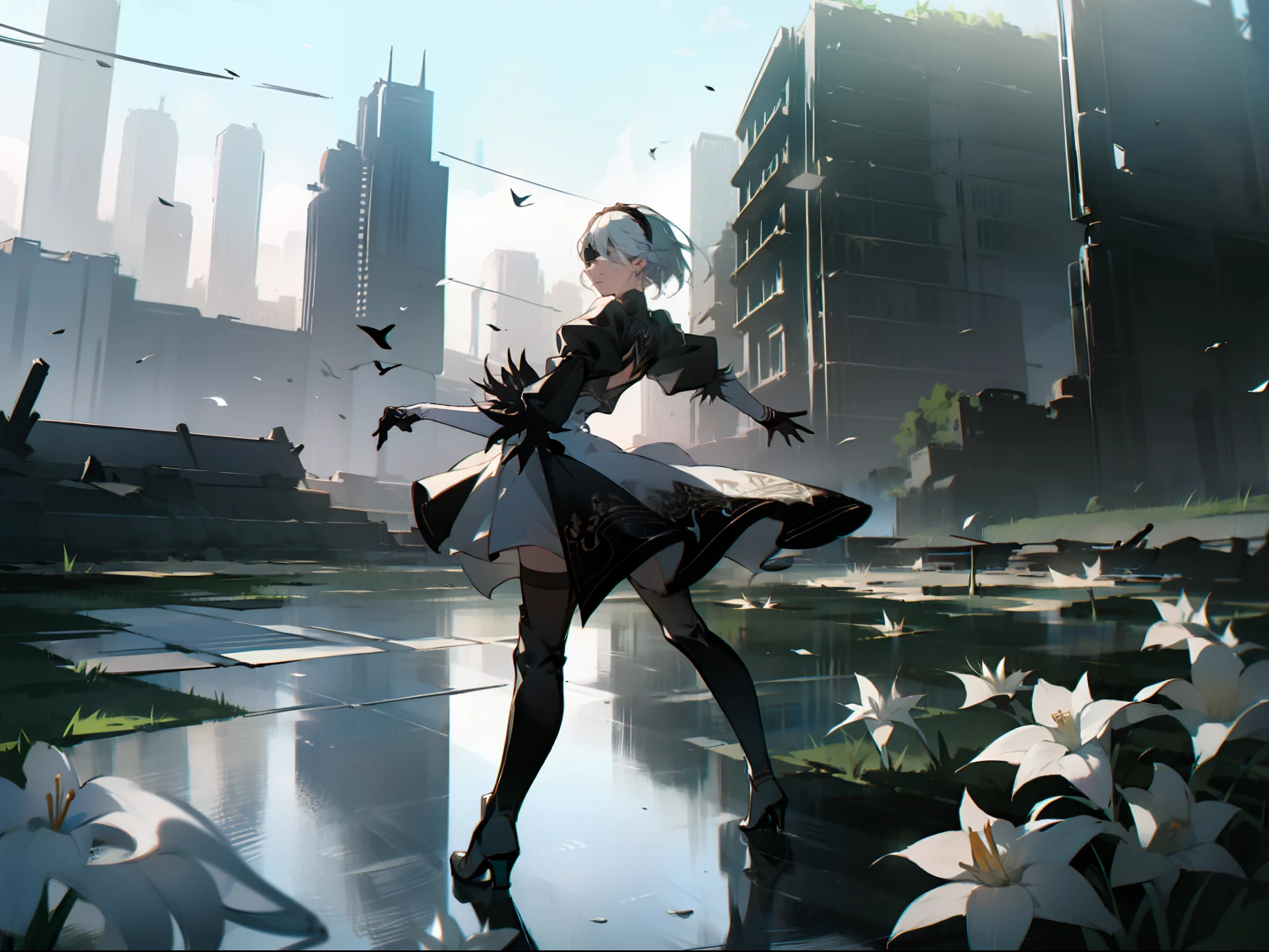 masterpiece, best quality, detailed face, extremely detailed, yorha no. 2 type b, 1girl, solo, absurdres, 8k, White hair, silver hair, black blindfold, black dress, black hairband, blindfold, eye highlights blue sky, boots, building, city, cloud, covered eyes, debris, dress, feather-trimmed sleeves, feather trim, gloves, grass, hairband, high heel boots, high heels, highres, juliet sleeves, katana, leather, leather boots, long sleeves, nier \(series\), nier automata, outdoors, overgrown, pod \(nier automata\), post-apocalypse, puddle, puffy sleeves, rubble, ruins, scenery, sky, thigh boots, thighhighs, thighhighs under boots, water, Leaves dancing in the wind, White flowers, white lilies, Light is dancing in the air,