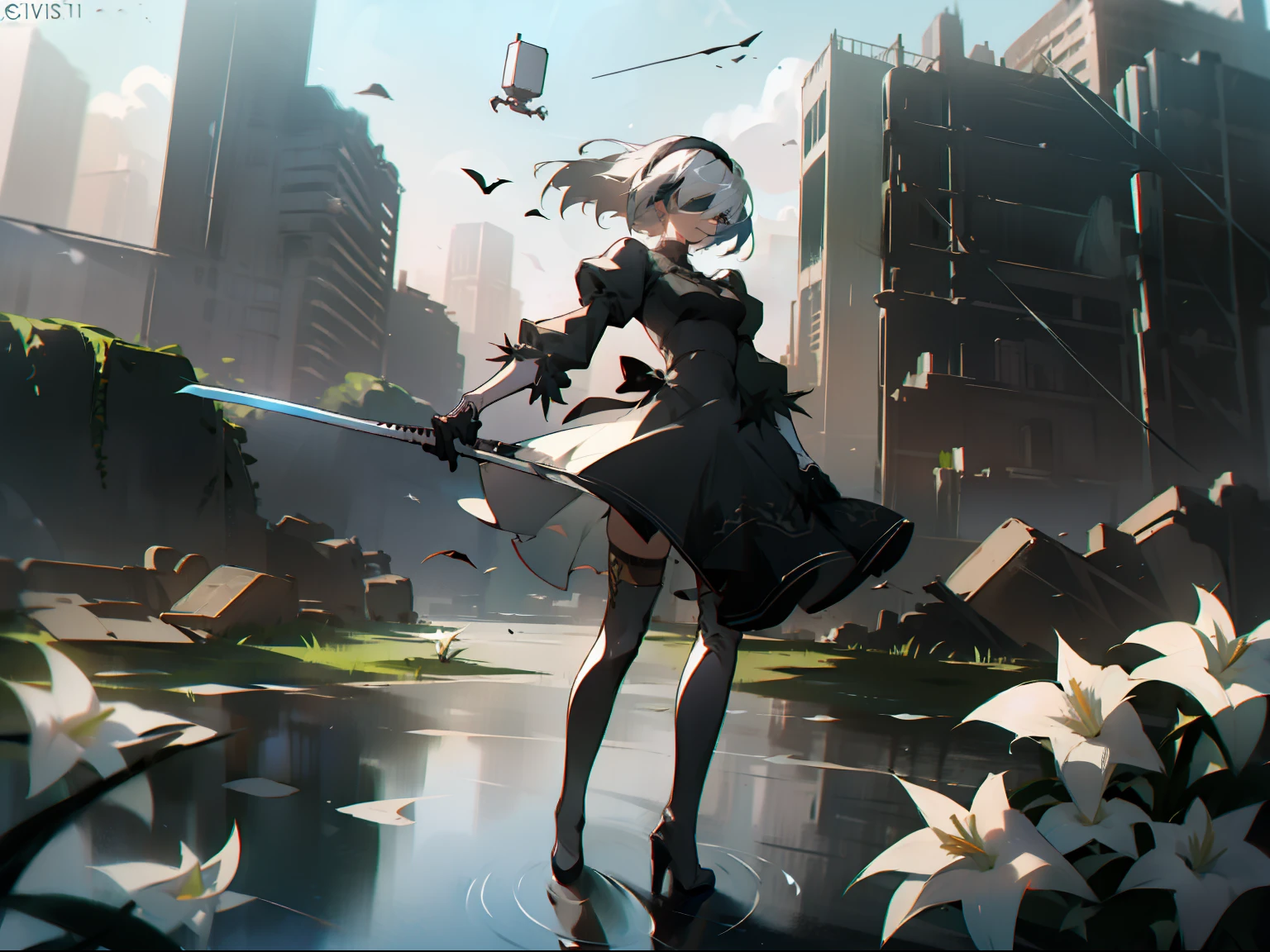 masterpiece, best quality, detailed face, extremely detailed, yorha no. 2 type b, 1girl, solo, absurdres, 8k, White hair, silver hair, black blindfold, black dress, black hairband, blindfold, eye highlights blue sky, boots, building, city, cloud, covered eyes, debris, dress, feather-trimmed sleeves, feather trim, gloves, grass, hairband, high heel boots, high heels, highres, juliet sleeves, katana, leather, leather boots, long sleeves, nier \(series\), nier automata, outdoors, overgrown, pod \(nier automata\), post-apocalypse, puddle, puffy sleeves, rubble, ruins, scenery, sky, thigh boots, thighhighs, thighhighs under boots, water, Leaves dancing in the wind, White flowers, white lilies, Light is dancing in the air,