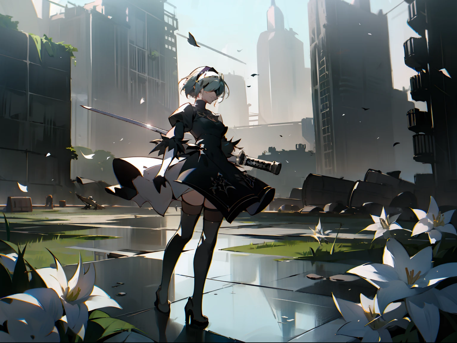 masterpiece, best quality, detailed face, extremely detailed, yorha no. 2 type b, 1girl, solo, absurdres, 8k, White hair, silver hair, black blindfold, black dress, black hairband, blindfold, eye highlights blue sky, boots, building, city, cloud, covered eyes, debris, dress, feather-trimmed sleeves, feather trim, gloves, grass, hairband, high heel boots, high heels, highres, juliet sleeves, katana, leather, leather boots, long sleeves, nier \(series\), nier automata, outdoors, overgrown, pod \(nier automata\), post-apocalypse, puddle, puffy sleeves, rubble, ruins, scenery, sky, thigh boots, thighhighs, thighhighs under boots, water, Leaves dancing in the wind, White flowers, white lilies, Light is dancing in the air,