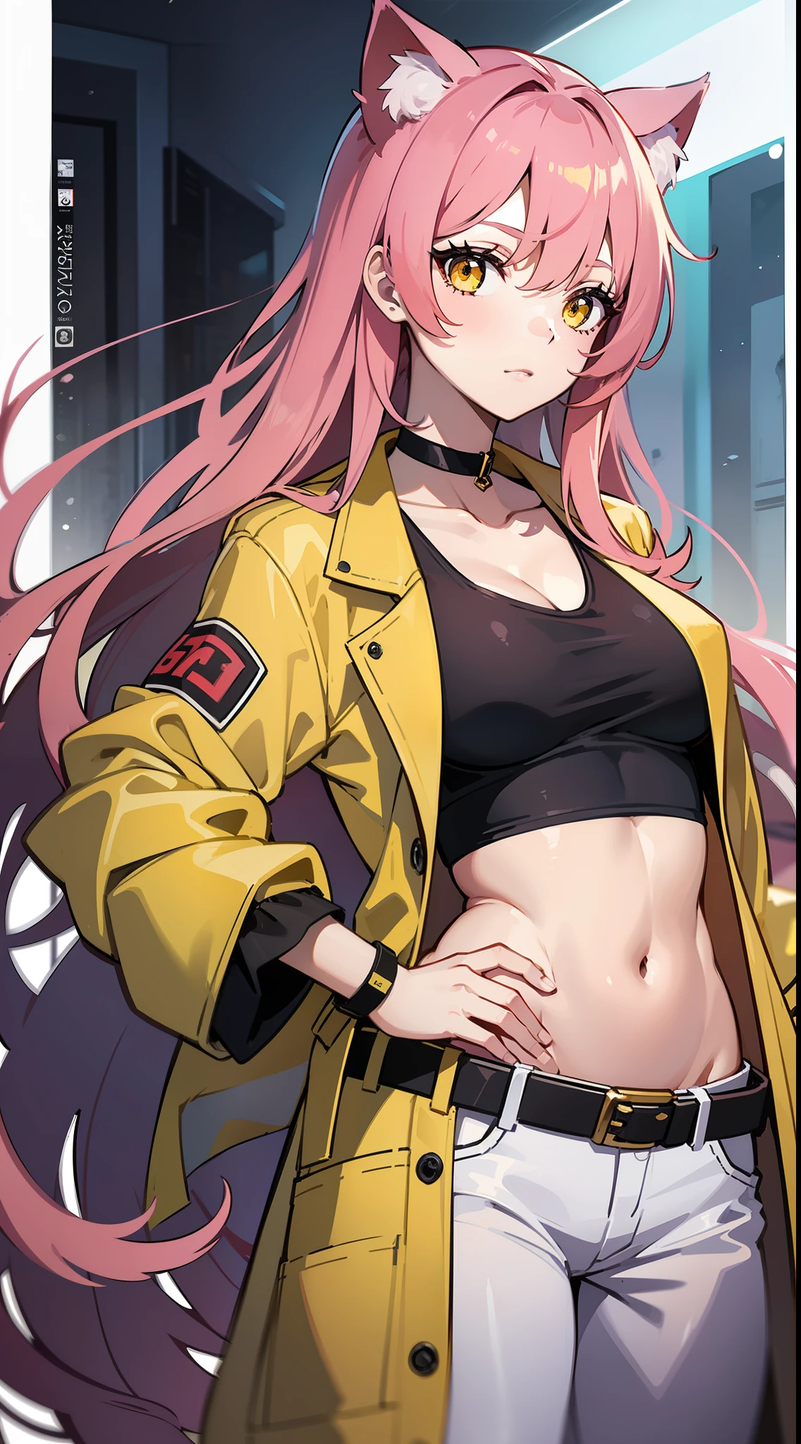 young girl, long pink hair, cat ears, yellow-colored eyes, labcoat, open belly, lowered pants, Masterpiece, hiquality