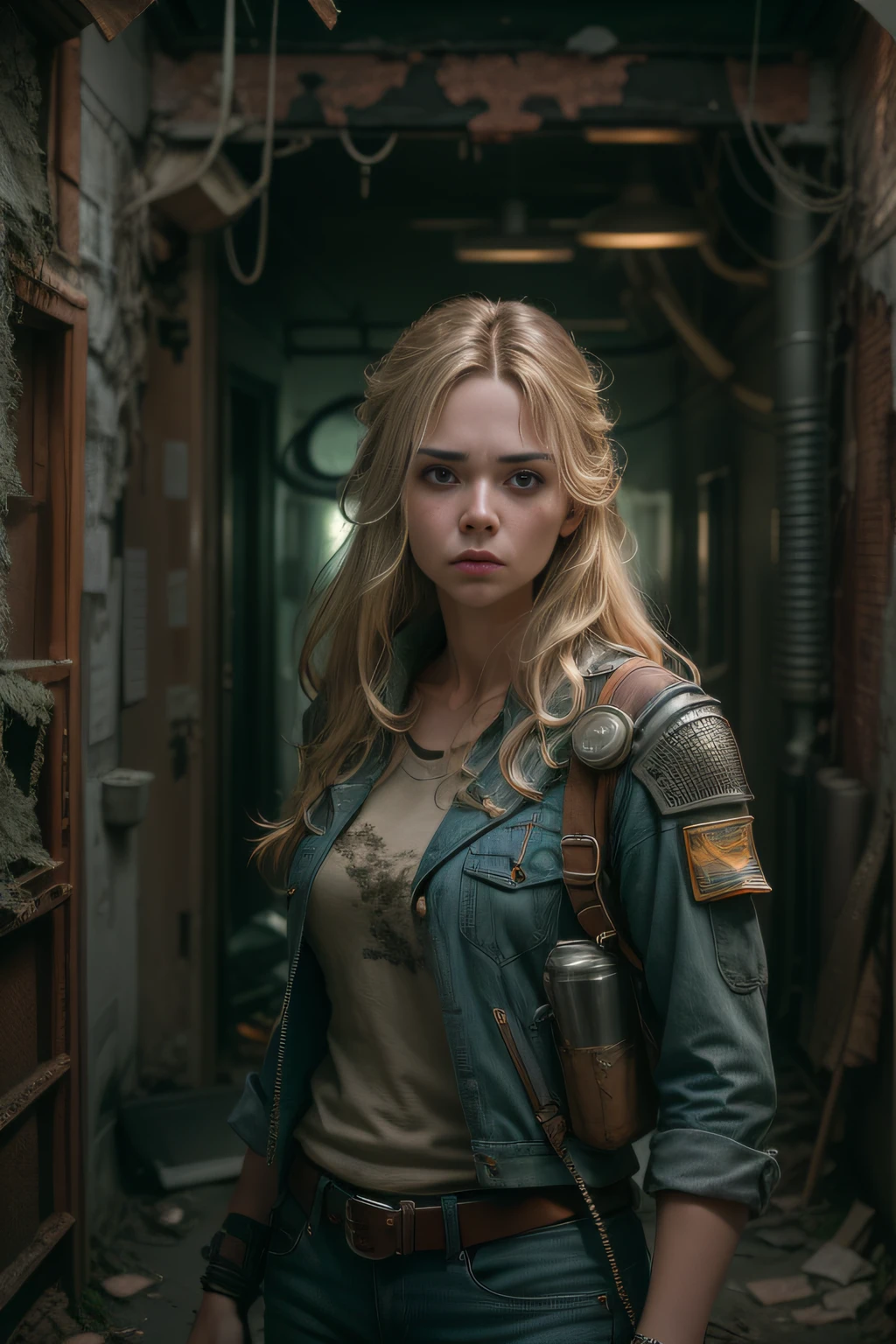 three-quarter close-up portrait, stunningly beautiful 30 y. o woman, slender athletic figure, Stunning face, (Expressive and deep [Symmetrical eyes]), frowning and innocent expression, (Long [Natural blonde] Hair)+++ | ([The biggest detail after the survivors of the apocalypse : 00s sci-fi TV drama style : Firefly : armor protection elements | Maximum detail mechanism firefly style | (intricately details:1. 2) | (Intricate sci-fi utilitarian interiors [((intricately detailed rusty decayed building corridor)) : oppressive and contrasting background:1. 3)+, (In semi-darkness)++, backlighting from inside, dramatic expressive background, gloomy horror crushing atmosphere | cinematic shot photographed from below with DSLR, Aperture F/7, Shutter speed 1/100 sec, ISO 150 | Super detailed, The ultra-realistice, (8kK, hyper HD, Super resolution, diffuselighting)+, textures of natural reflections, Cinematic lighting