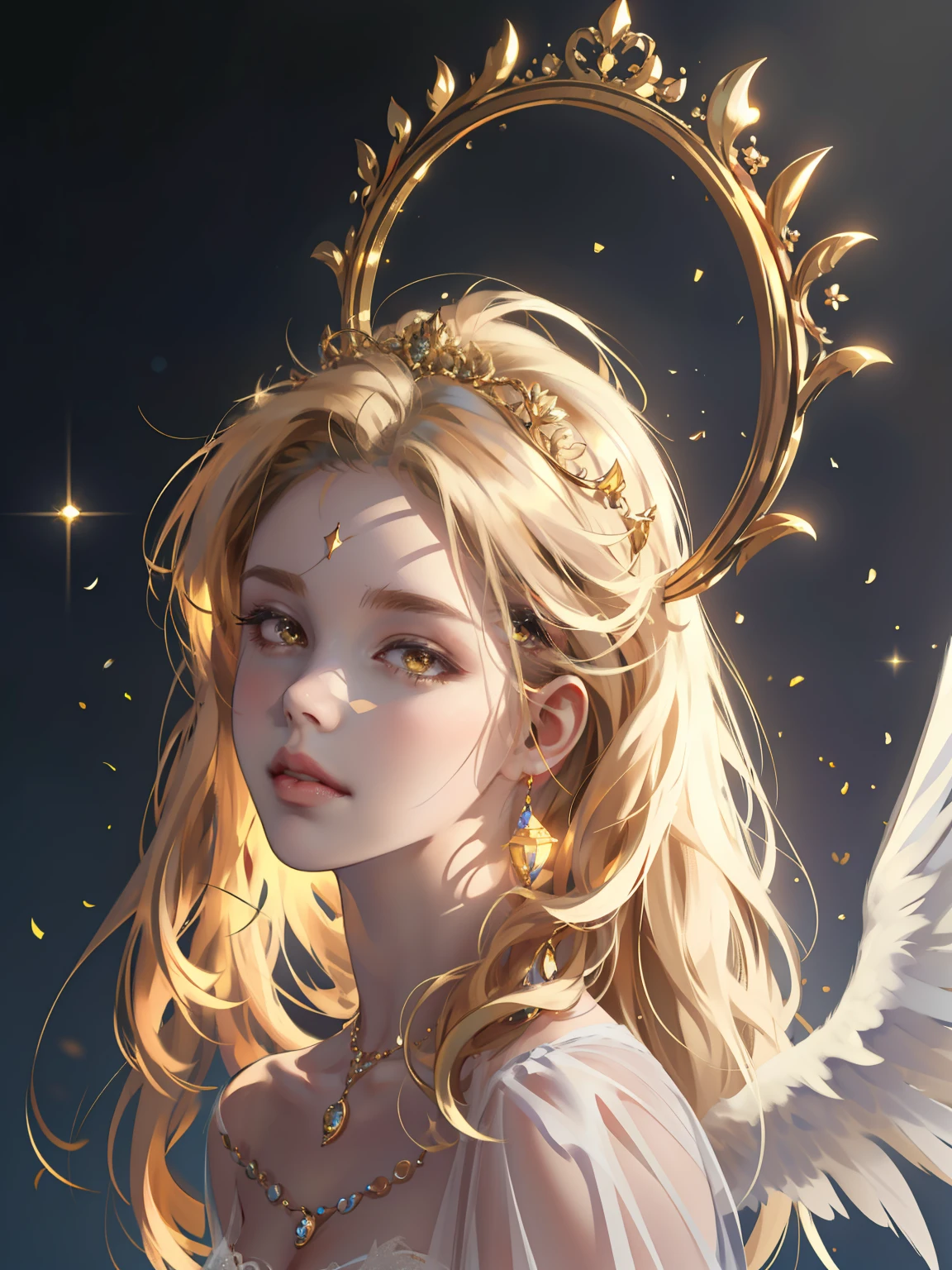 tmasterpiece,best qualtiy,Beauty portrait,Intricate dresses,grieves,Golden eyes,photorealisti,tmasterpiece,Archangel,angel wing,Silk dress,ventania,fanciful,From artstation,Glitter jewelry,glarelight,Irridescent color,globalillumination,Real hair movement,realistic raytraicing,realistic shaded,side looking,((ssee-through))、softlighting、Dreamlight、perfect eyes、Background 4K、𝓡𝓸𝓶𝓪𝓷𝓽𝓲𝓬、high detal、tiara crown、Gold and precious stones