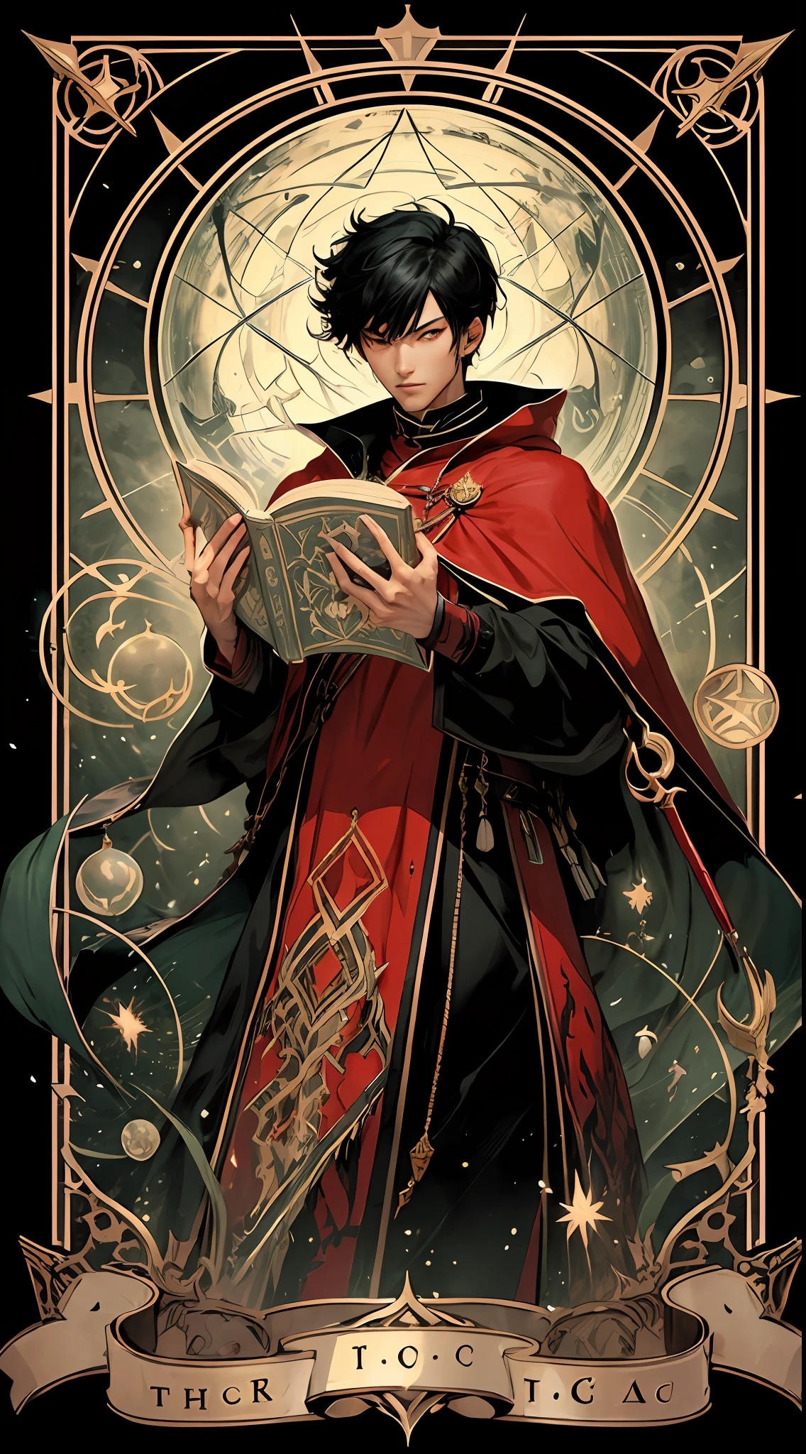 An image of Arafard of a man in a red cloak holding a book, Realistic，wiccan, black-haired mage, shadowverse style, inspired in kris from deltarrune, portrait of a red sorcerer, full portrait of elementalist, portrait of a mage, young wizard, Magician Tarot cards, holy fire spell art, shigenori soejima illustration