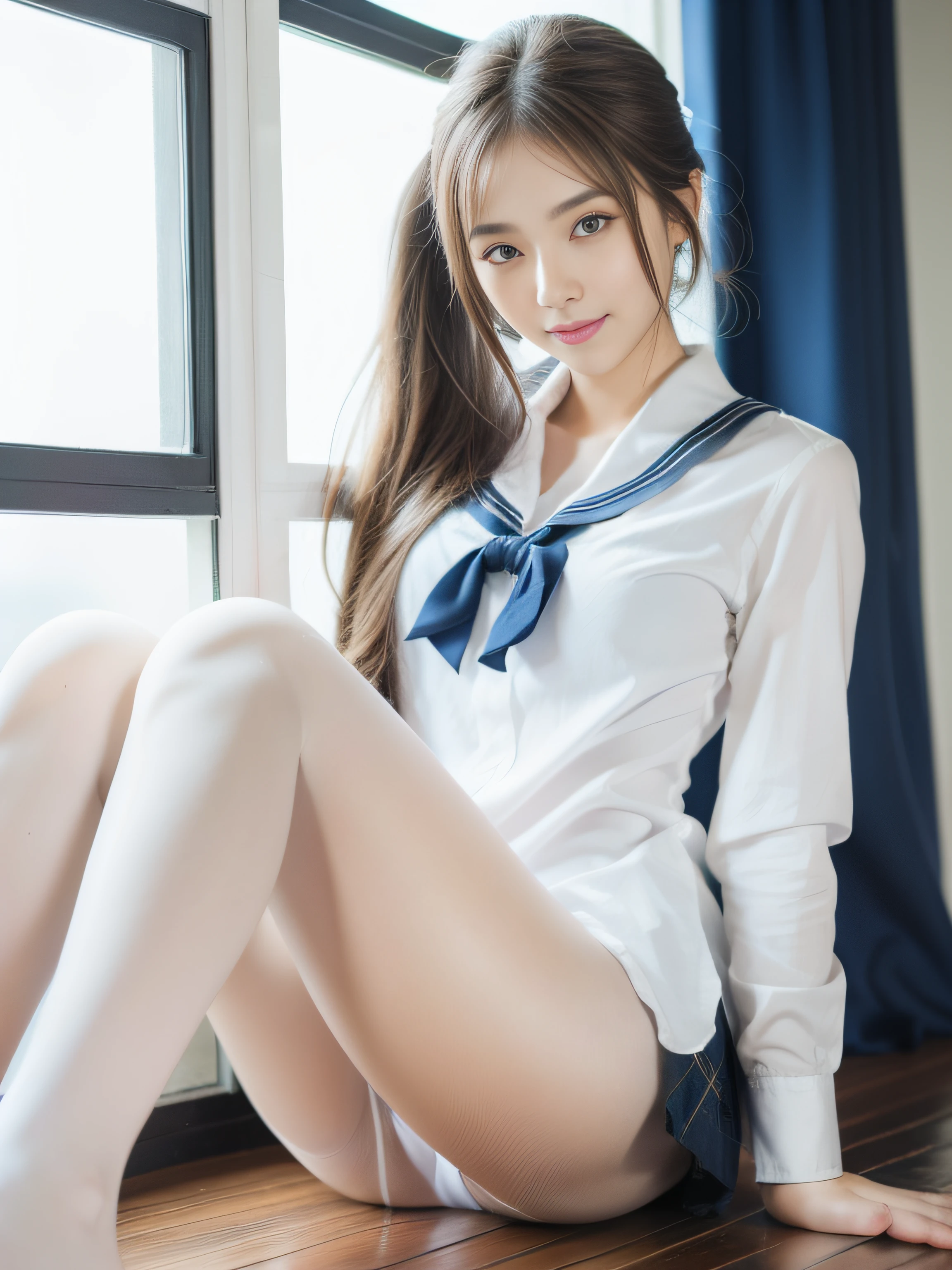 Realistic, Photorealistic: 1.37, Masterpiece, Colorful, Fine Detail, Big, Beautiful Skin, Fair Skin, One Woman, (20 Years Old Beautiful Korean Woman: 1.1), (KPOP Idol, Mixed), (Caucasian and Mixed), Western Face, Ultra High Definition, (8k, RAW Photo, Best Quality, Masterpiece: 1.2), Big Bust, (Nipple)), Attractive Eyes, (50mm Sigma f// Zeiss lens for 1.4, F1.2, 1/800s, ISO 100, Photo: 1.1), (Ponytail + Blonde: 1.2), (Realistic), Bokeh, Sharp, (Photorealistic), Live Action Photography, Solo, Best Quality, Very Beautiful Face, Very Beautiful Eyes, Beautiful Detailed Eyes, Floating Hair, (School Uniform), Open Shirt Blouse, Very short miniskirt, pleated skirt, white panties, thin, super beautiful legs, tall, beautiful legs, ((thigh gap)), (model: 1.2), smile from the front: 1.1, dynamic pose, open legs, (makeup: 1.2), sitting