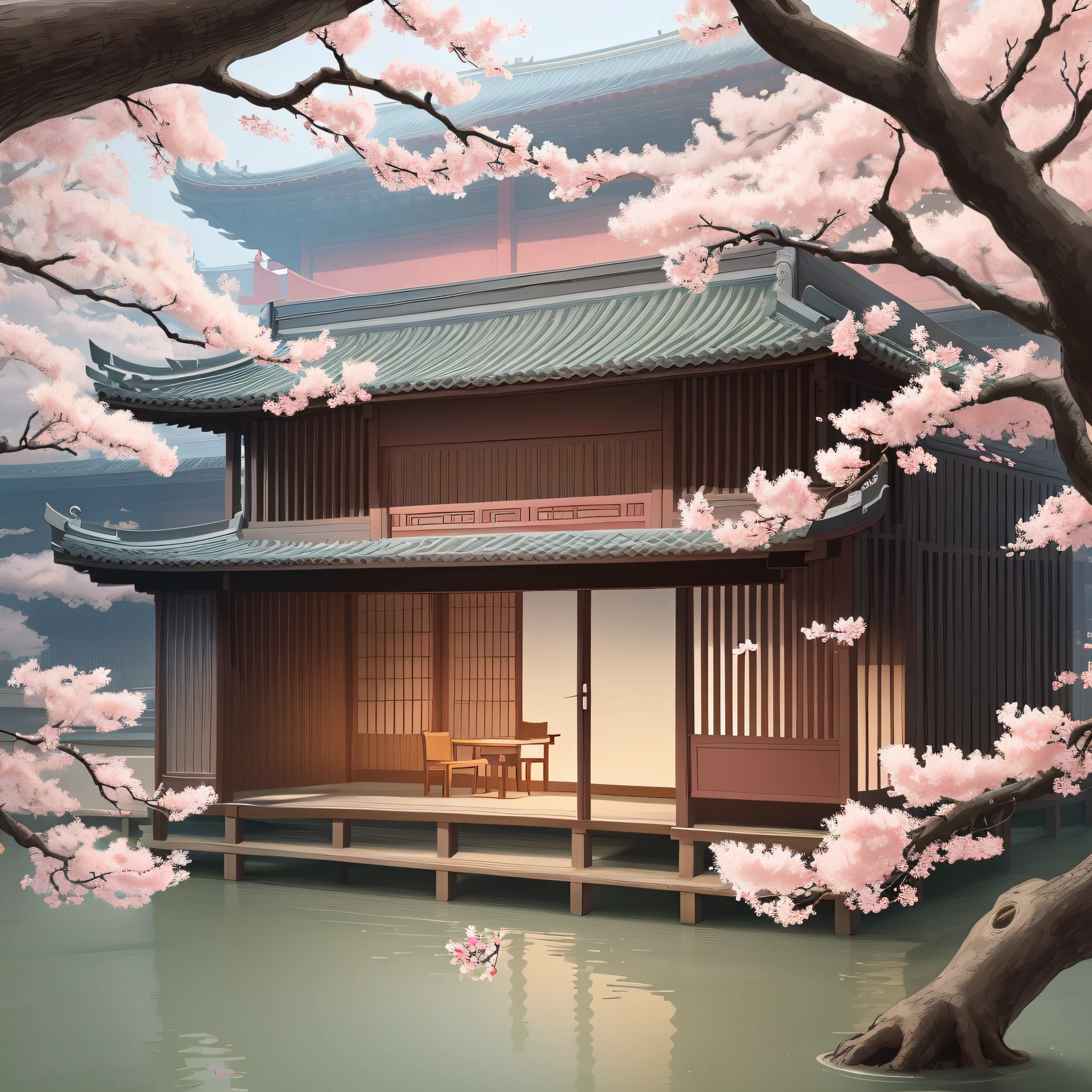 Chinese style travel illustration,The magnificent Wuhan cherry blossoms are in full bloom,Simple shape,Minimalist style,Beautiful view。