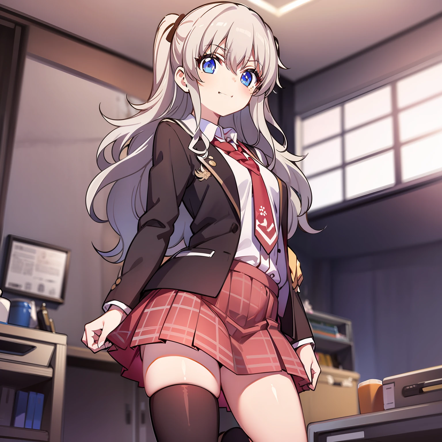 tmasterpiece， Best quality at best， high light， Higuchi， 1girl， Virtual YouTuber， 独奏， long whitr hair， Moles under the eyes， a skirt， tiese， jaket， blue color eyes， sockes， pony tails， hair adornments， white bows， Bow knot， Bow knot， blazer jacket， Very long hair， purple necktie， pleatedskirt， White  socks， hair pin， open clothes， Cardigan， 校服， knees， whaite hair， black black jacket， The shirt， collared shir， tartan， Open jacket， By bangs， plaid skirts， mini-skirts， tachi-e， white  shirt， longer sleeves， Gray skirt， nedium breasts， Plaid tie， standing on your feet， cow boy shot， ssmile，