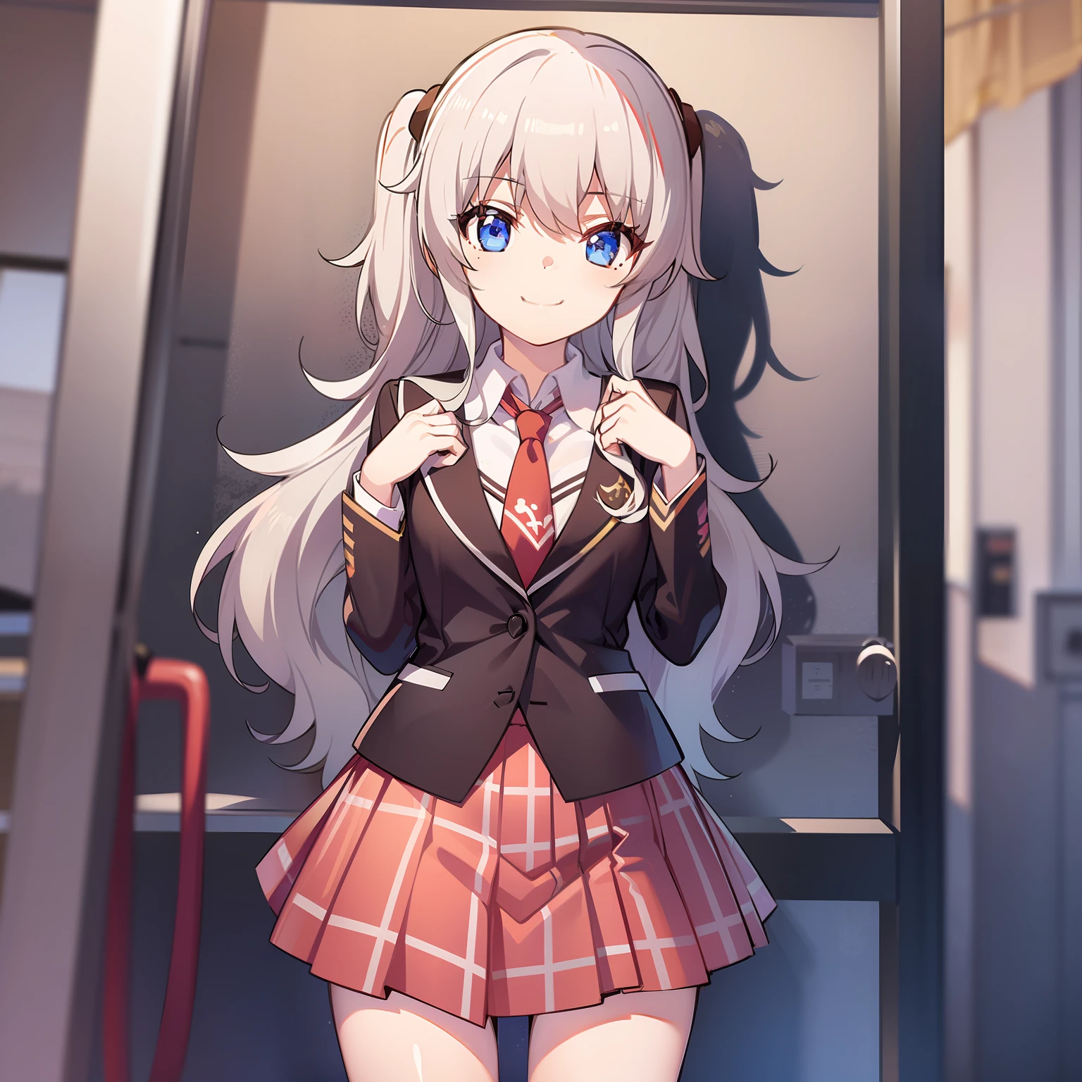 tmasterpiece， Best quality at best， high light， Higuchi， 1girl， Virtual YouTuber， 独奏， long whitr hair， Moles under the eyes， a skirt， tiese， jaket， blue color eyes， sockes， pony tails， hair adornments， white bows， Bow knot， Bow knot， blazer jacket， Very long hair， purple necktie， pleatedskirt， White  socks， hair pin， open clothes， Cardigan， 校服， knees， whaite hair， black black jacket， The shirt， collared shir， tartan， Open jacket， By bangs， plaid skirts， mini-skirts， tachi-e， white  shirt， longer sleeves， Gray skirt， nedium breasts， Plaid tie， standing on your feet， cow boy shot， ssmile，