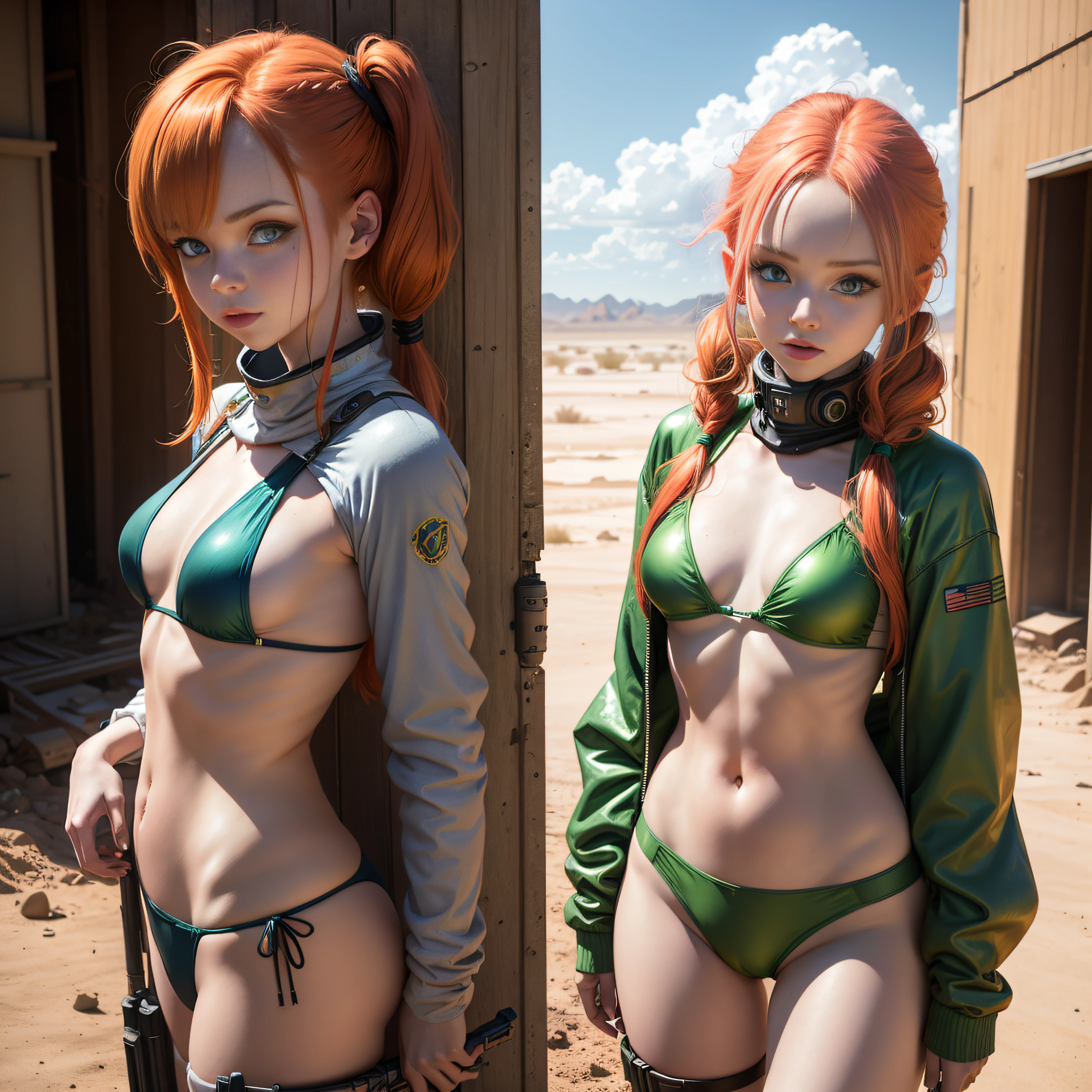 cute redhead woman in twin tails, multiple rainbow colored hair, sky-blue eyes, happy, Ukrainian, petite, pale skin, wearing a green metallic color bikini, post apocalyptic background, bleak barren desert, photo realistic woman. --auto