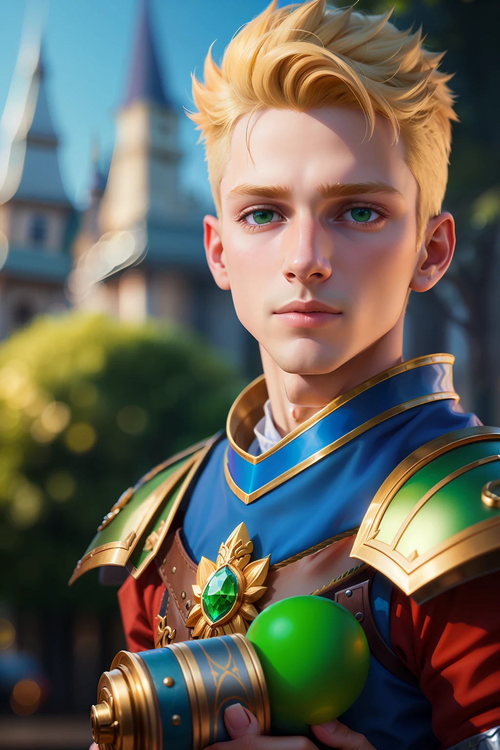 There's a kid dressed in a costume holding a green ball, portrait of magical blond prince, Arte infantil em Artstation, closeup retrato de personagem, young blonde boy fantasy thief, Retrato de um jovem mago elfo, retrato de personagem de closeup, 3 d render arte do caractere 8 k, Personagem de close up, Closeup da arte do personagem, epic character portrait, personagem de fantasia hiperdetalhado, Personagem close up