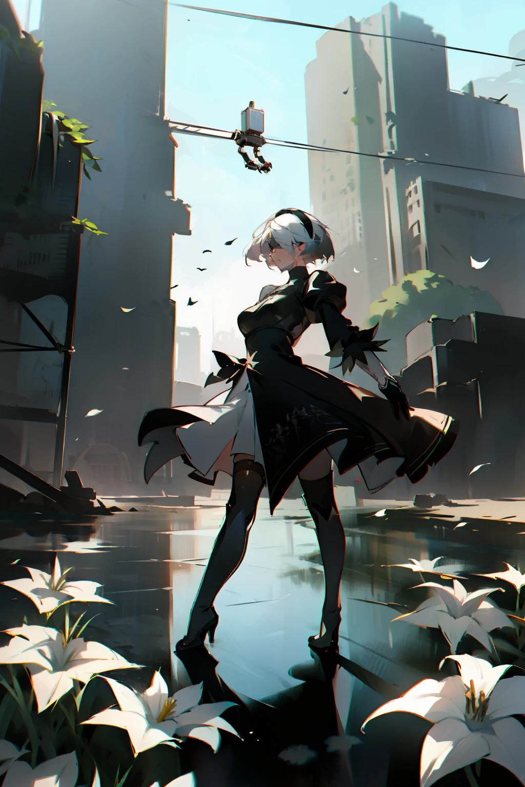 masterpiece, best quality, detailed face, extremely detailed, yorha no. 2 type b, 1girl, solo, absurdres, 8k, White hair, silver hair, black blindfold, black dress, black hairband, blindfold, eye highlights blue sky, boots, building, city, cloud, covered eyes, debris, dress, feather-trimmed sleeves, feather trim, gloves, grass, hairband, high heel boots, high heels, highres, juliet sleeves, katana, leather, leather boots, long sleeves, nier \(series\), nier automata, outdoors, overgrown, pod \(nier automata\), post-apocalypse, puddle, puffy sleeves, rubble, ruins, scenery, sky, thigh boots, thighhighs, thighhighs under boots, water, Leaves dancing in the wind, White flowers, white lilies, Light is dancing in the air,