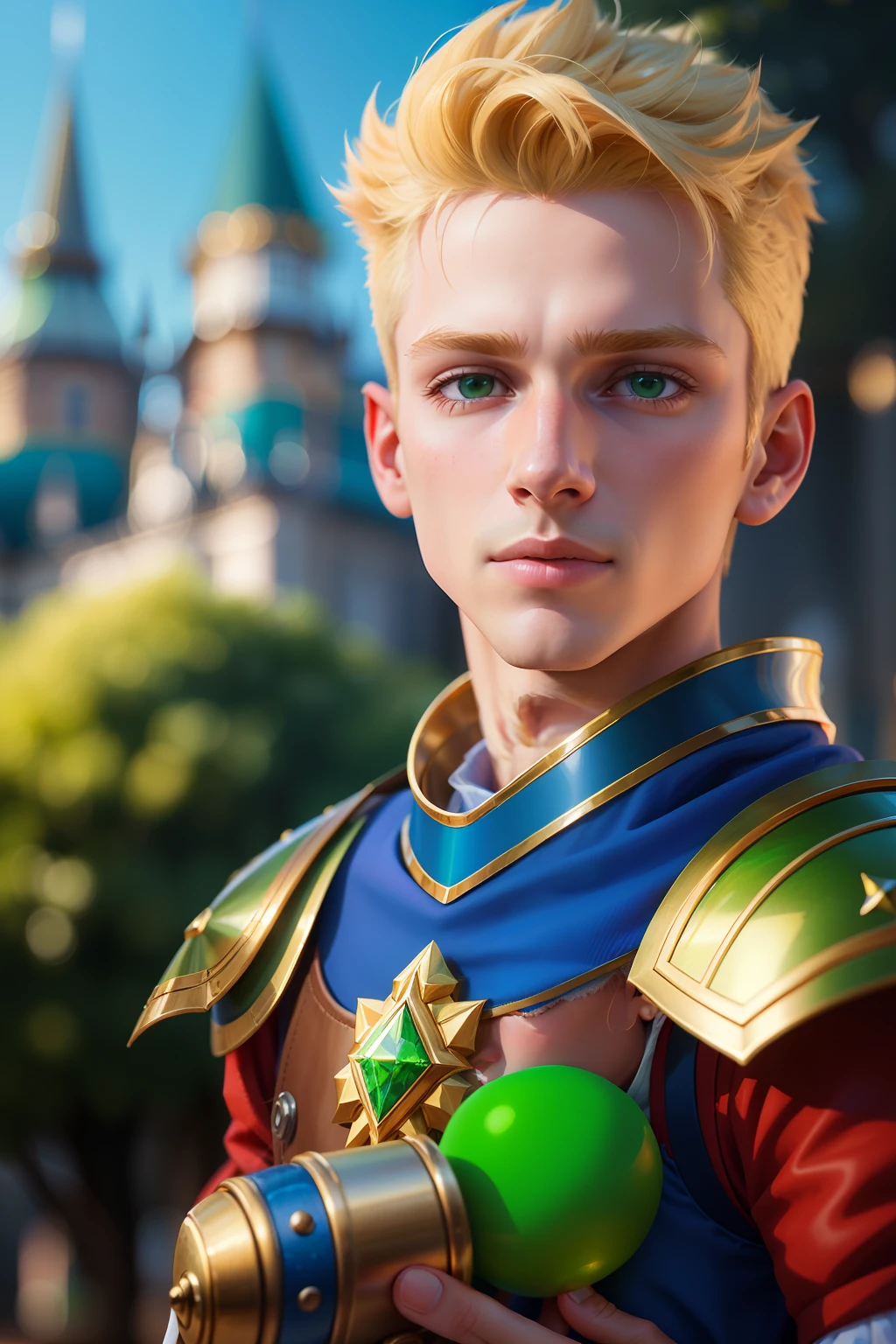 There's a kid dressed in a costume holding a green ball, portrait of magical blond prince, Arte infantil em Artstation, closeup retrato de personagem, young blonde boy fantasy thief, Retrato de um jovem mago elfo, retrato de personagem de closeup, 3 d render arte do caractere 8 k, Personagem de close up, Closeup da arte do personagem, epic character portrait, personagem de fantasia hiperdetalhado, Personagem close up