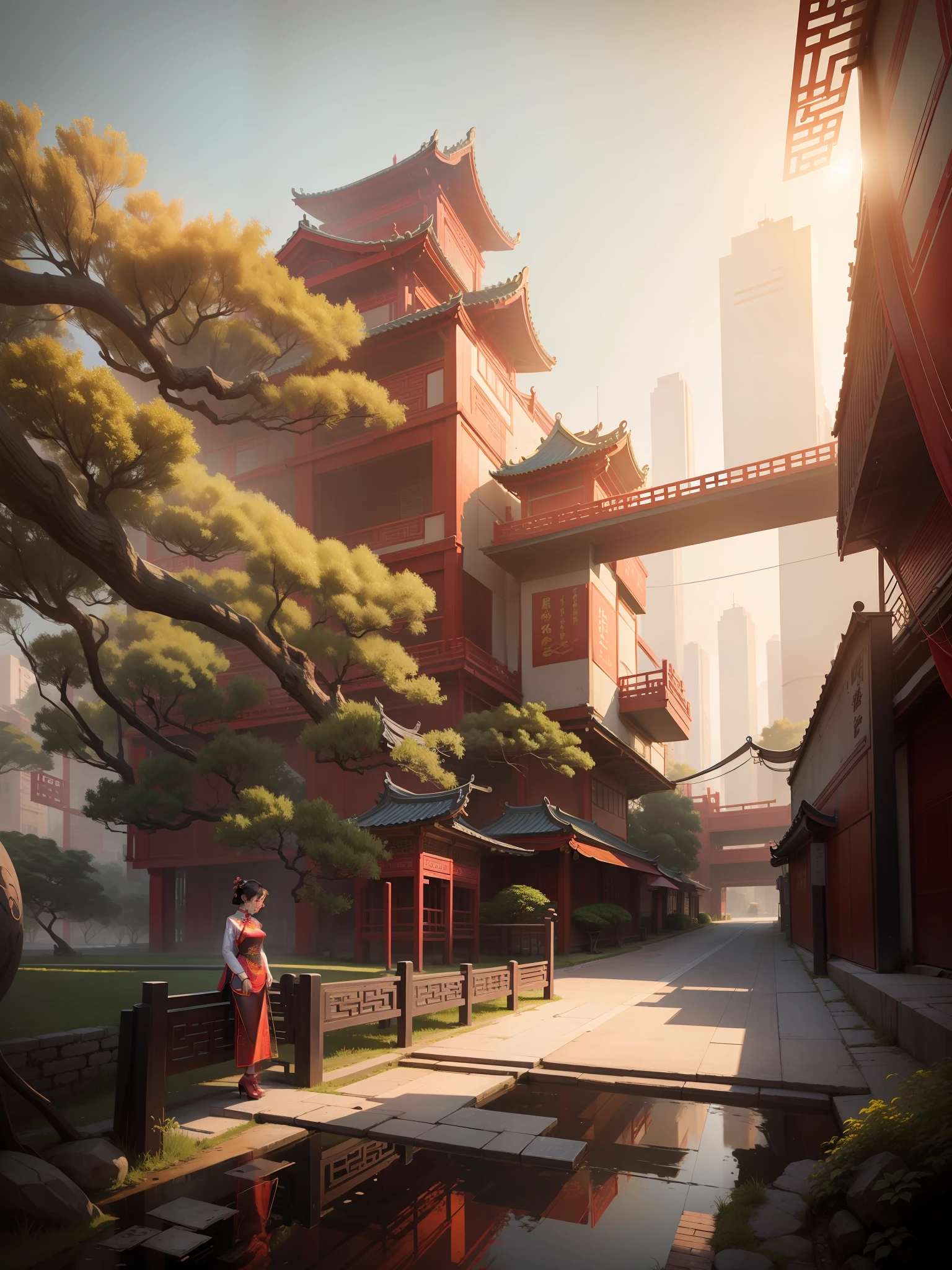 early evening,Cheongsam girl,Chinese style buildings,Futuristic
