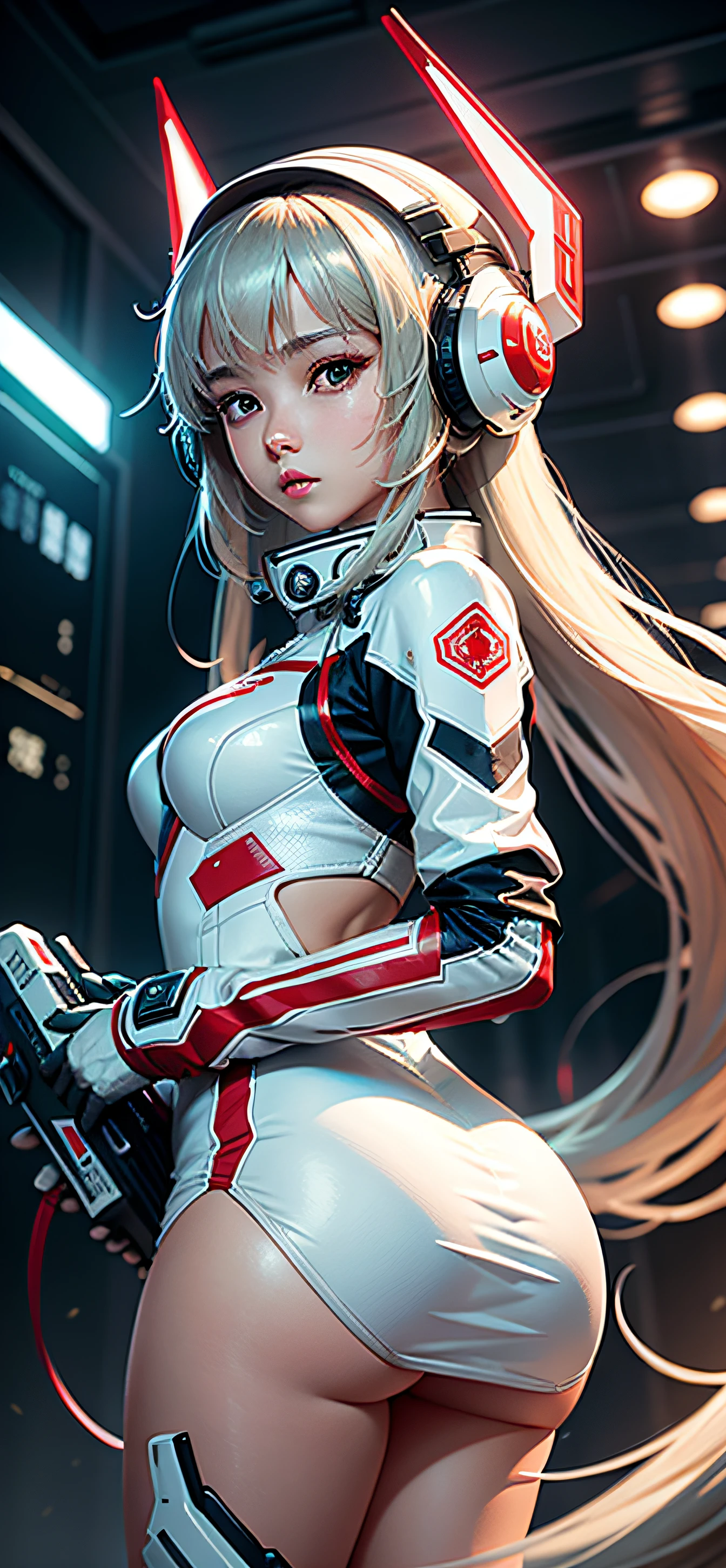 Highest image quality，Outstanding details，超高分辨率，（fidelity：1.4），The best illustration，Favor the details，Highly cohesive 1girl，He has a delicate and beautiful face，Dressed in a white-red mech，wearing a mech helmet，Hold the direction controller，Riding on a motorcycle，The background is a high-tech lighting scene in the future city。