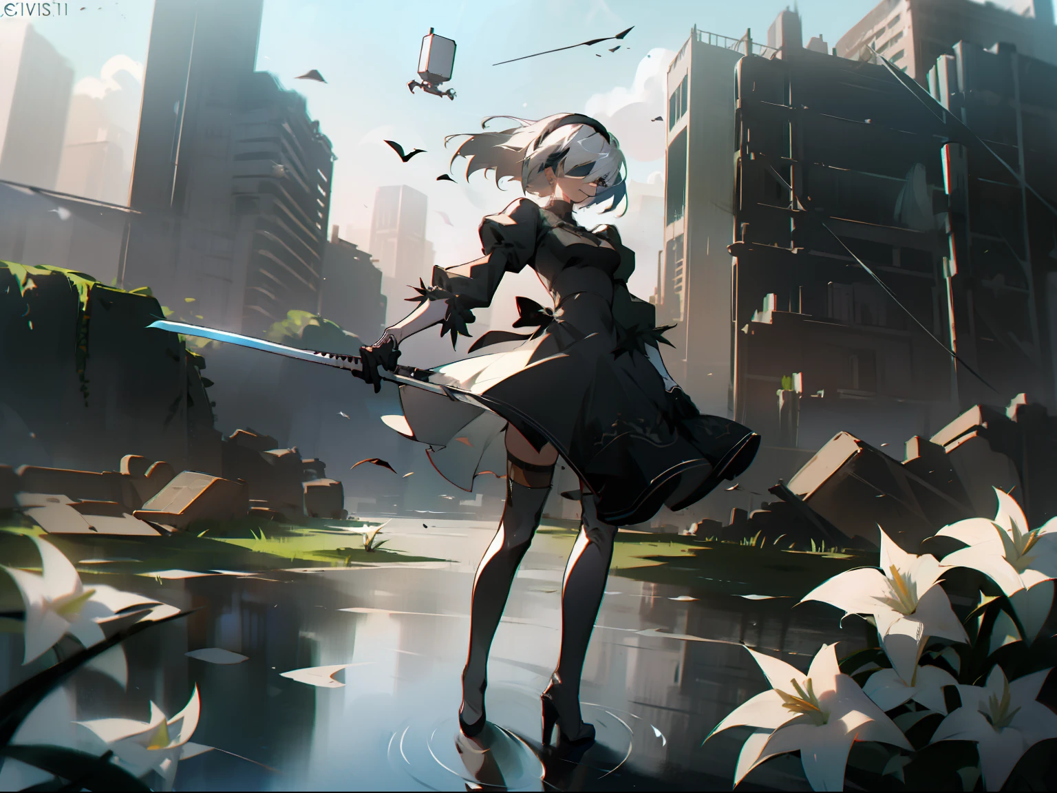 masterpiece, best quality, detailed face, extremely detailed, yorha no. 2 type b, 1girl, solo, absurdres, 8k, White hair, silver hair, black blindfold, black dress, black hairband, blindfold, eye highlights blue sky, boots, building, city, cloud, covered eyes, debris, dress, feather-trimmed sleeves, feather trim, gloves, grass, hairband, high heel boots, high heels, highres, juliet sleeves, katana, leather, leather boots, long sleeves, nier \(series\), nier automata, outdoors, overgrown, pod \(nier automata\), post-apocalypse, puddle, puffy sleeves, rubble, ruins, scenery, sky, thigh boots, thighhighs, thighhighs under boots, water, Leaves dancing in the wind, White flowers, white lilies, Light is dancing in the air,