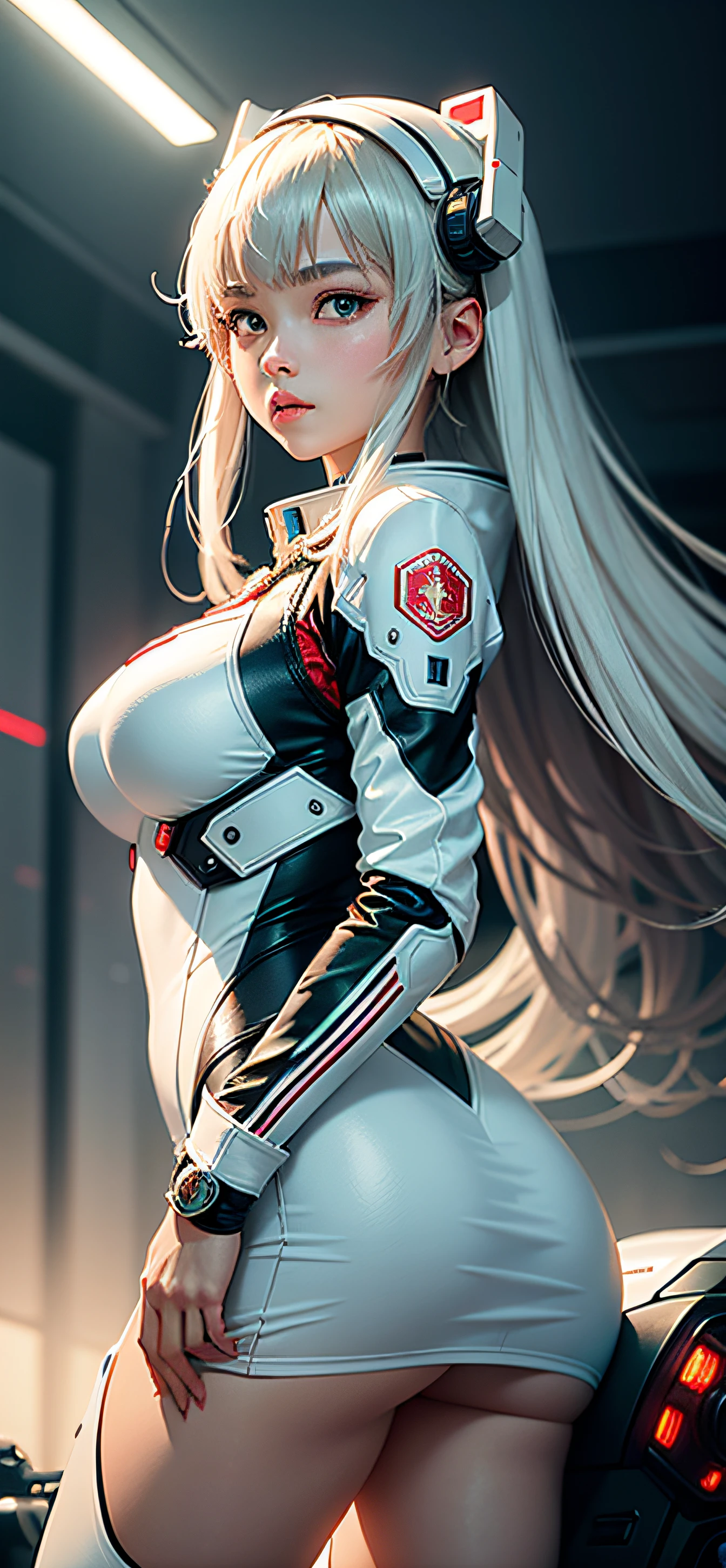 Highest image quality，Outstanding details，超高分辨率，（fidelity：1.4），The best illustration，Favor the details，Highly cohesive 1girl，He has a delicate and beautiful face，Dressed in a white-red mech，wearing a mech helmet，Hold the direction controller，Riding on a motorcycle，The background is a high-tech lighting scene in the future city。