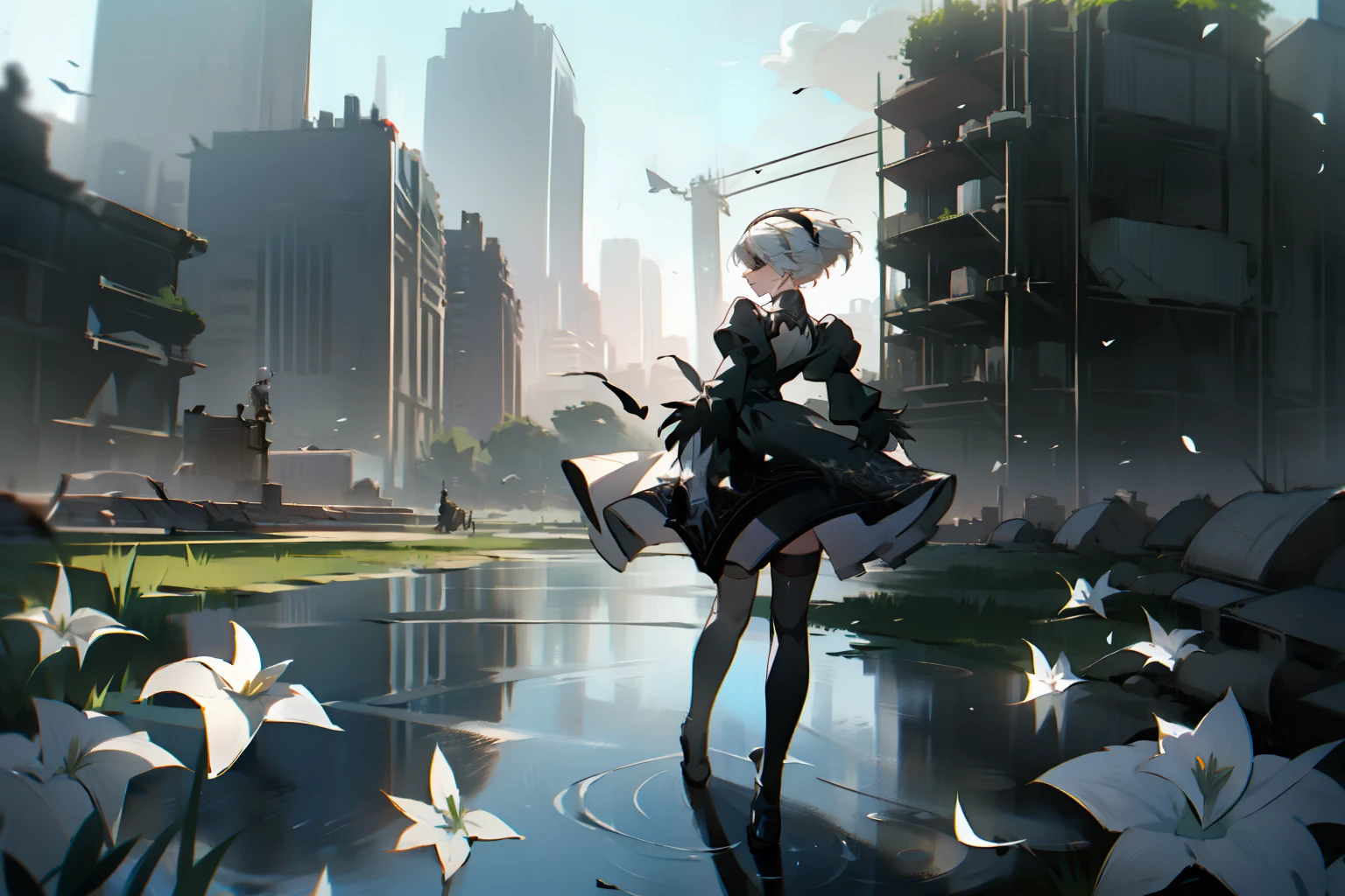 masterpiece, best quality, detailed face, extremely detailed, yorha no. 2 type b, 1girl, solo, absurdres, 8k, White hair, silver hair, black blindfold, black dress, black hairband, blindfold, eye highlights blue sky, boots, building, city, cloud, covered eyes, debris, dress, feather-trimmed sleeves, feather trim, gloves, grass, hairband, high heel boots, high heels, highres, juliet sleeves, katana, leather, leather boots, long sleeves, nier \(series\), nier automata, outdoors, overgrown, pod \(nier automata\), post-apocalypse, puddle, puffy sleeves, rubble, ruins, scenery, sky, thigh boots, thighhighs, thighhighs under boots, water, Leaves dancing in the wind, White flowers, white lilies, Light is dancing in the air,