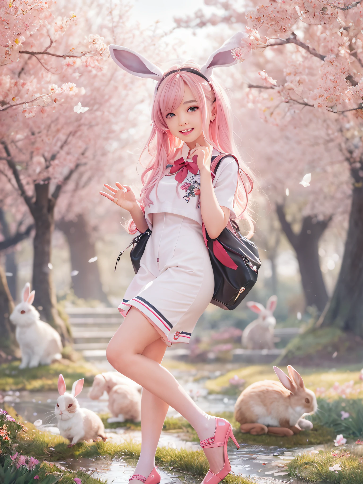 ​masterpiece、top-quality、perfect anatomia、nice hand:1.2)、1girl in、独奏、Beautiful girl walking in the park、long pink hair、springtime、Flowering trees、Sakura、Green grass、a park、Standing split、squatting with spread her legs、Wearing white stockings、stockings、White tights、pink sailor suit、The chest is open、a miniskirt、Wearing pink high heels、Wearing thin-rimmed glasses、Wearing a red tie、Large, perfectly shaped breasts、Rabbit ears on the head、Charming face、a smile、Cute round face、girl with,Perfect promotion、Balance between face and body、17 age、Height 168cm、There is one rabbit on the ground、slender long legs