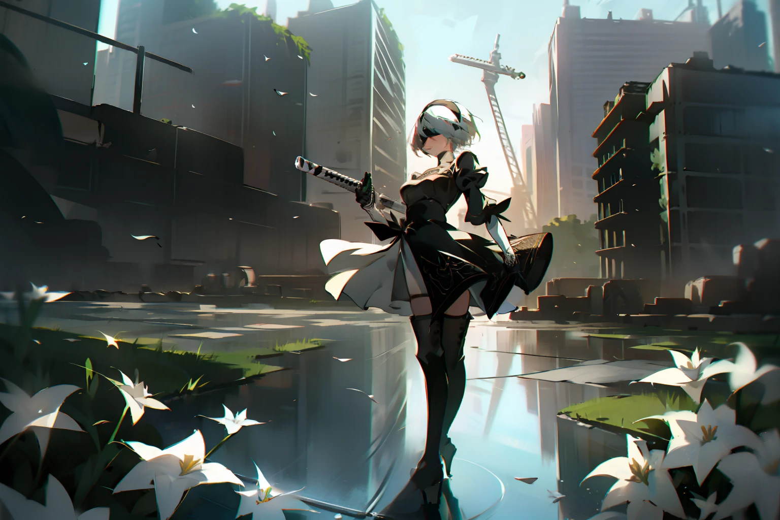 masterpiece, best quality, detailed face, extremely detailed, yorha no. 2 type b, 1girl, solo, absurdres, 8k, White hair, silver hair, black blindfold, black dress, black hairband, blindfold, eye highlights blue sky, boots, building, city, cloud, covered eyes, debris, dress, feather-trimmed sleeves, feather trim, gloves, grass, hairband, high heel boots, high heels, highres, juliet sleeves, katana, leather, leather boots, long sleeves, nier \(series\), nier automata, outdoors, overgrown, pod \(nier automata\), post-apocalypse, puddle, puffy sleeves, rubble, ruins, scenery, sky, thigh boots, thighhighs, thighhighs under boots, water, Leaves dancing in the wind, White flowers, white lilies, Light is dancing in the air,