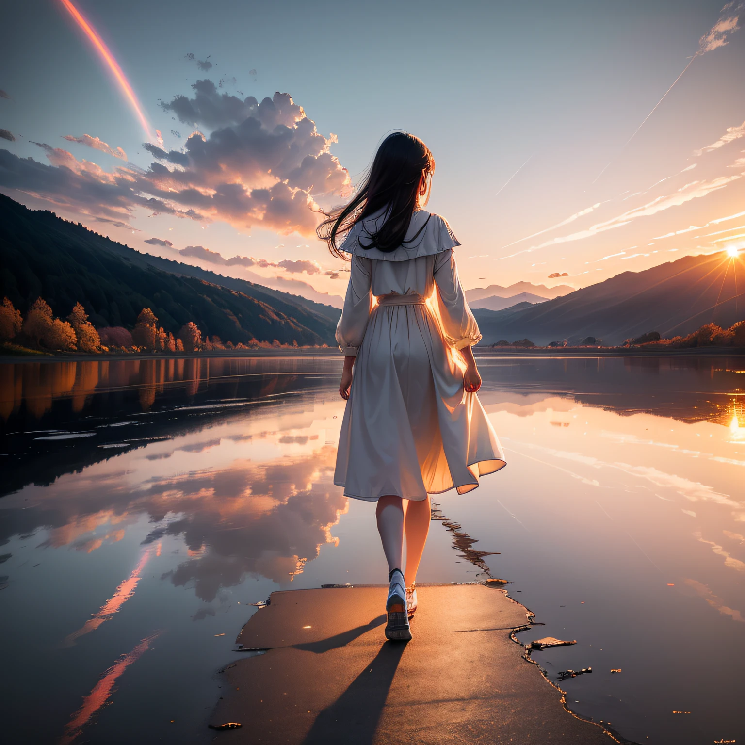 The setting sun in spring,rainbowing,Slippery ground,The sparkling surface of the lake reflects the sunset,Burning clouds in the sky,The real cold girl in the white dress turned her back to me --auto