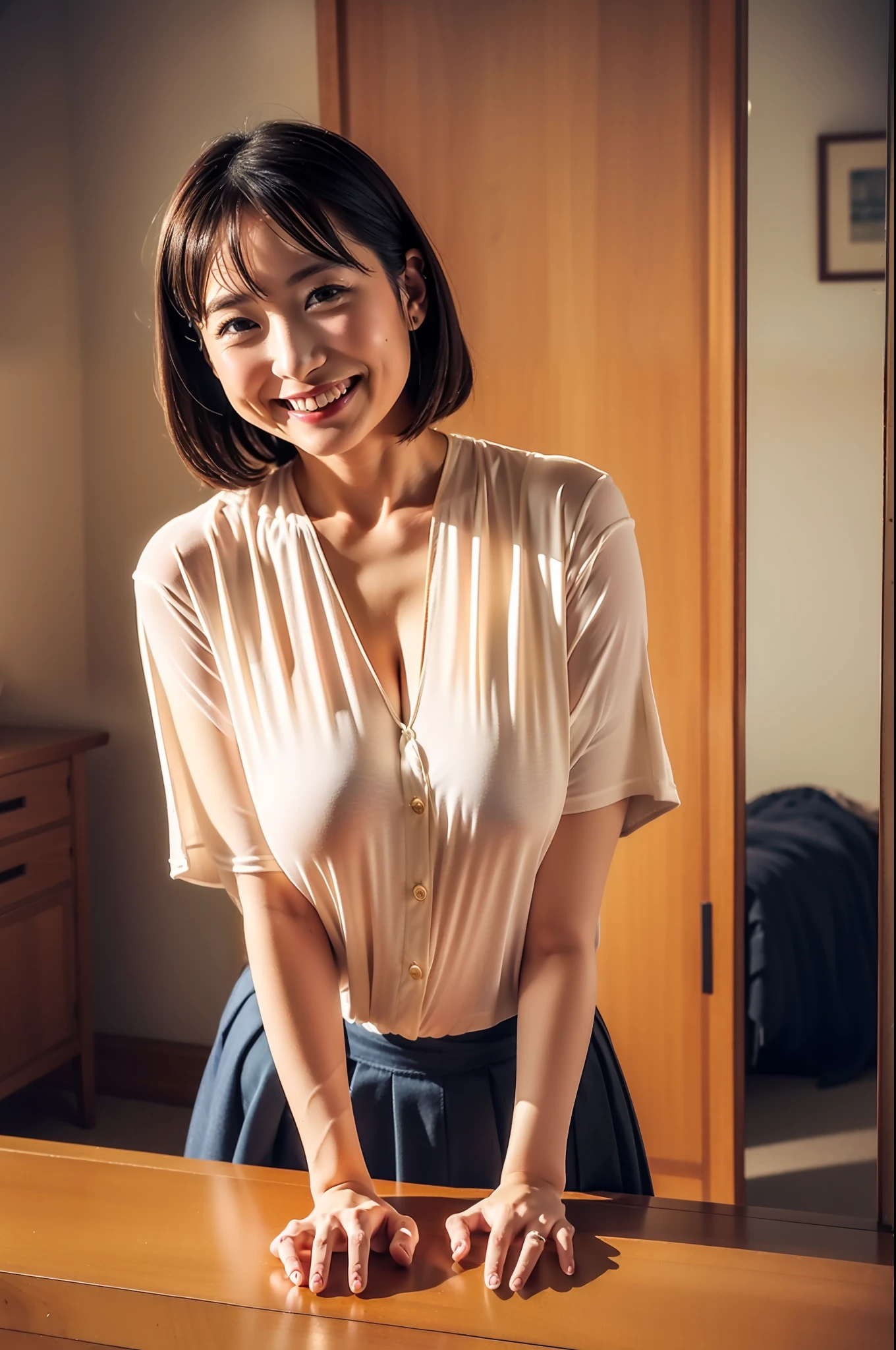 best qualtiy、masterpiece、fidelity:1.3、超A high resolution、(Photorealsitic:1.4)、1 Most Beautiful Mature Woman in Japan(Obscene big breasts:1.4、Bob Hair)、Mature obscene body、Obscene mom、The ultra -The high-definition、Bursting smile、Perfect Style、Hanging laundry、Obscene smile、Body shape like a gravure idol、Eroticism that everyone looks back on、White blouses、Black fluffy flared skirt