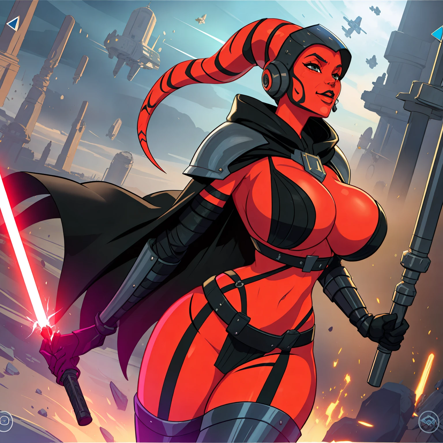 armor, busty, athletic, gigantic boobs, ((red skin), twi'lek), dual red lightsabers, evil space knight, space ninja, (wearing black robes, black stealth armor, breastplate, tunic, tabard, cowl, cloak, body glove, straps, buckles, skirts, long sleeves, fantasy, ((armor))), ((busty), slender body, thin, slim sexy body, slim waist, long legs, toned legs, (((top heavy, gigantic breasts)))), Imperial starship, Star Wars, action scene, fighting