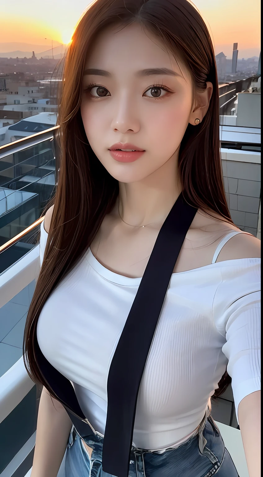 ((Midnight, Best quality, 8k, Masterpiece :1.3)), Whole body, Long legs, Sharp focus :1.2, A pretty woman with perfect figure :1.4, Slender abs :1.1, ((Dark brown hair, Big breasts :1.2)), (White tight tshirt, Jean bib, Standing:1.2), ((Night city view, Rooftop:1.3)), Highly detailed face and skin texture, Detailed eyes, Double eyelid, sunset, darken, backlit, off shoulder