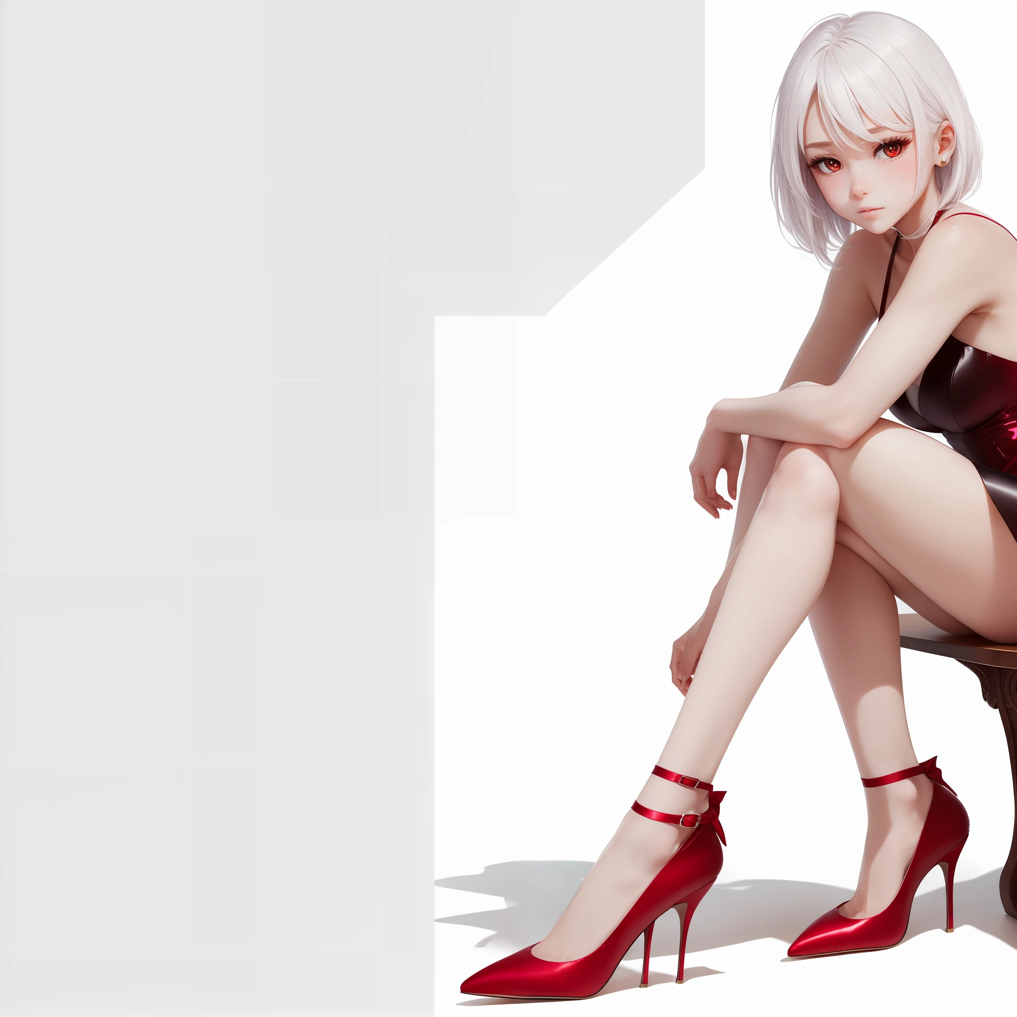 quadratic element,Delicate skin, tmasterpiece,White color hair,red pupils,White silk on the right leg,Black silk on the left leg,high-heels,Student clothing,fleshy feeling --auto