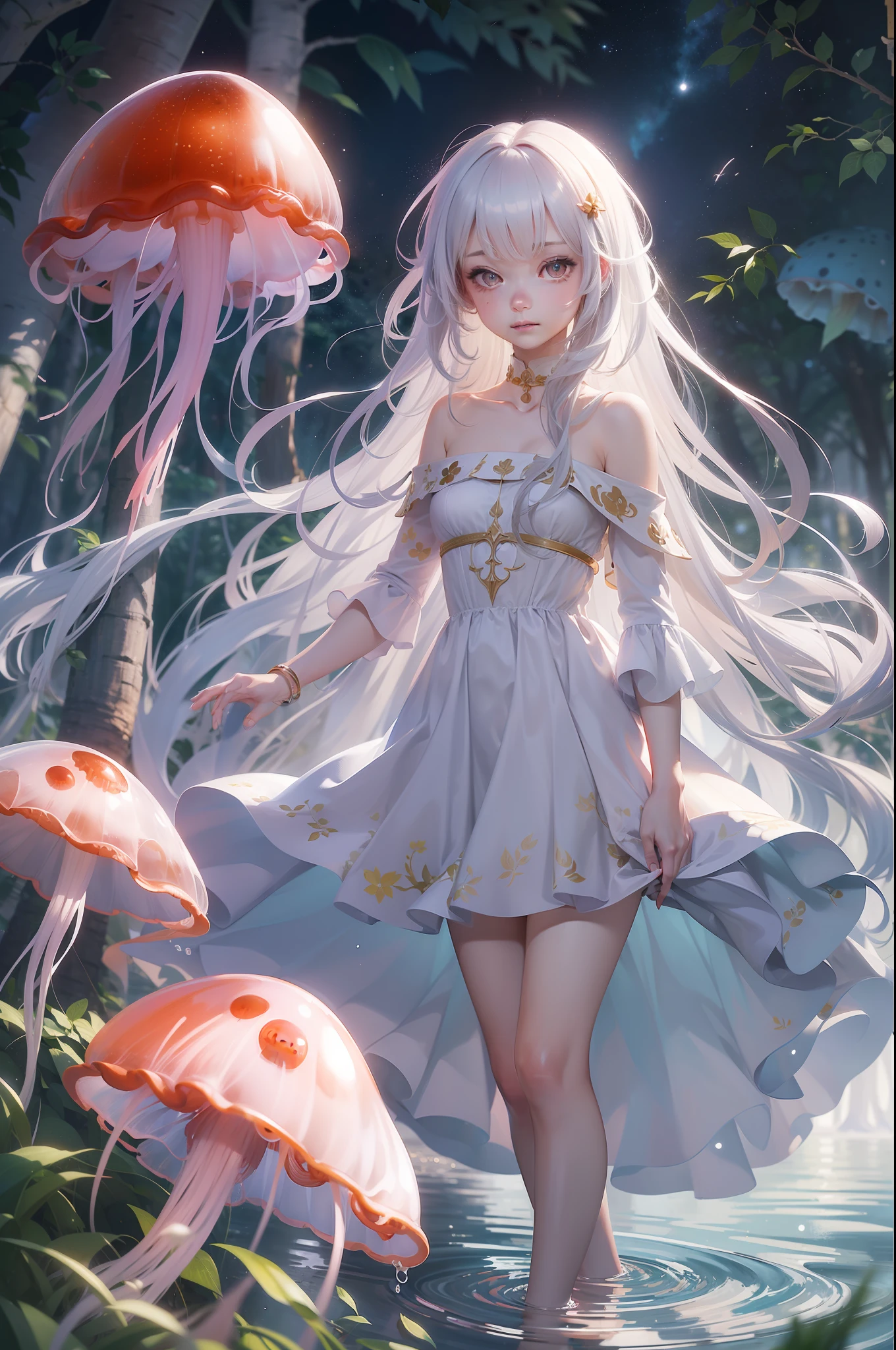 (upper_body:1.5), (galaxy), night, (beautiful_detailed_sky), (from_behind), 1girl, solo, petite, loli, white_hair, ((very_long_hair)), (hair_lift), (wind_lift), ((off_shoulder)), (bare_shoulder), (dress_lift), (white_dress), long_dress, (bare_legs), (bare_feet), (red_eyes), (red jellyfish:1.2), jellyfishforest, (wanding), mushroom, nature, outdoors, tree, (foreground_bushes), branches, flowers, (stream), (riverbank), forest, beautiful_detailed_water, (Tyndall_effect), ((masterpiece)), (highres), (best_quality), (highly_detailed), (original),(Delicate background),(extremely detailed 8K wallpaper),cinematic lighting, volume lighting, light particles, shaded_face, beautiful_detailed_eyes, depth_of_field, perspective, submerged, (walking_in_liquid),