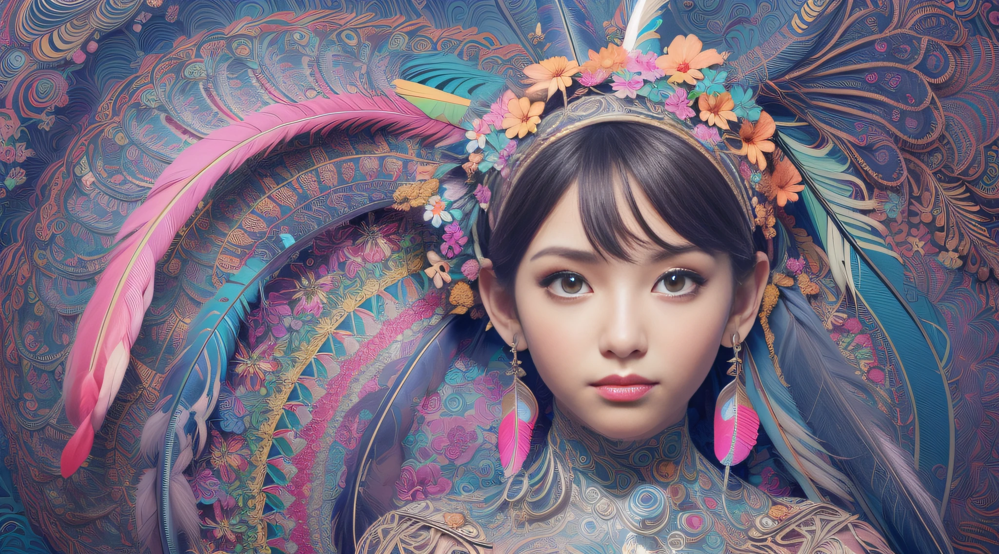 (masterpiece, top quality, best quality, official art, beautiful and aesthetic:1.2), (1girl:1.3), extremely detailed,(fractal art:1.1),(colorful:1.1)(flowers:1.3),highest detailed,(zentangle:1.2), (dynamic pose), (abstract background:1.3), (many colors:1.4), ,(earrings), (feathers:1.5)