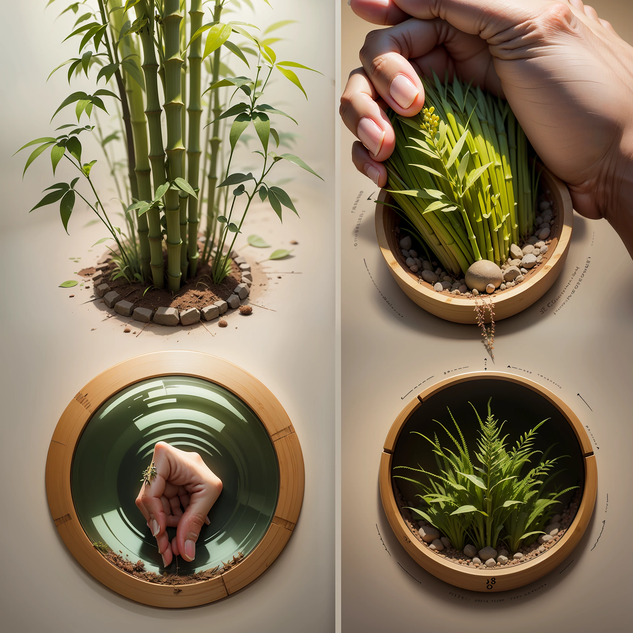 a hand holds a bamboo seed, .com     
 an illustration showing the growth sequence, from seed to its adult and impotent form