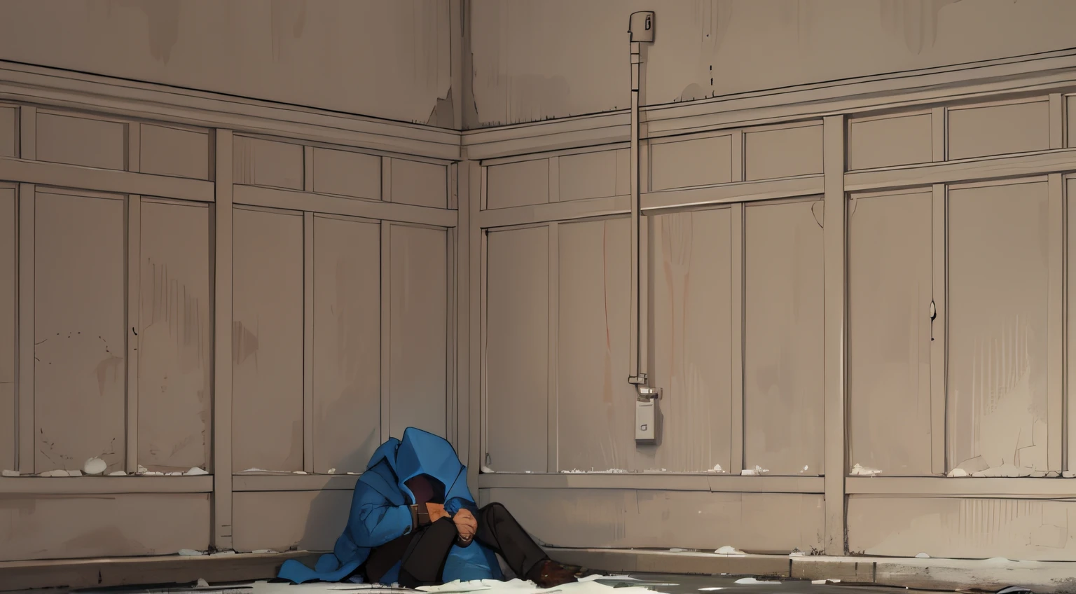 A person cowered in a corner，It's very cold