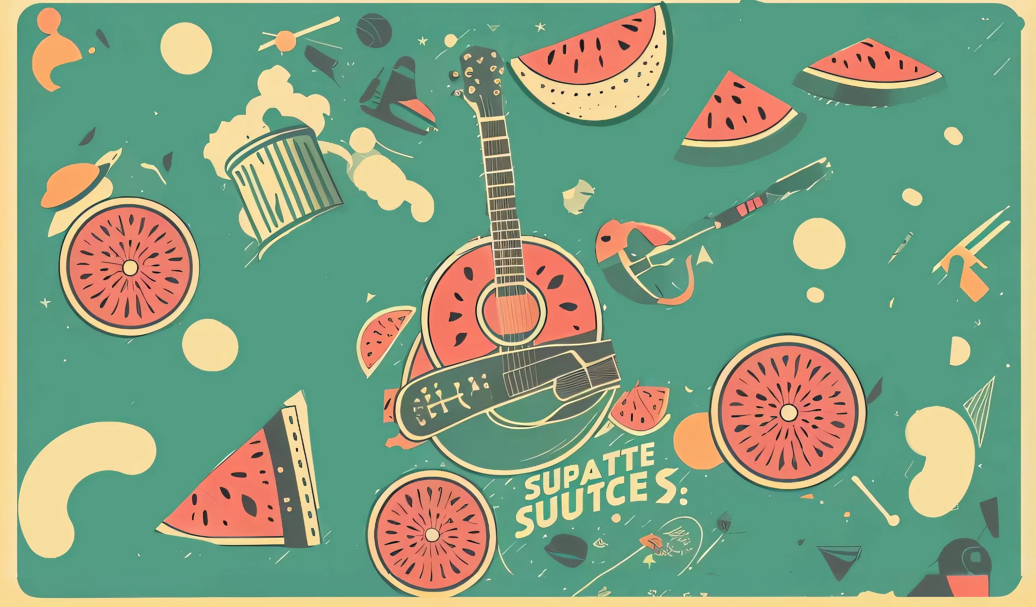 Guitar and watermelon slices on green background, style of ade santora, Sosa Phone, promotional artwork, Inspired by Francis Sousa, best on adobe stock, lute, poster vintage, 🪔 🎨;🌞🌄, Desktop background, illustration!, Inspired by Michael Sufen, inspired by Rudy Siswanto, Illustration style, surreal flat colors